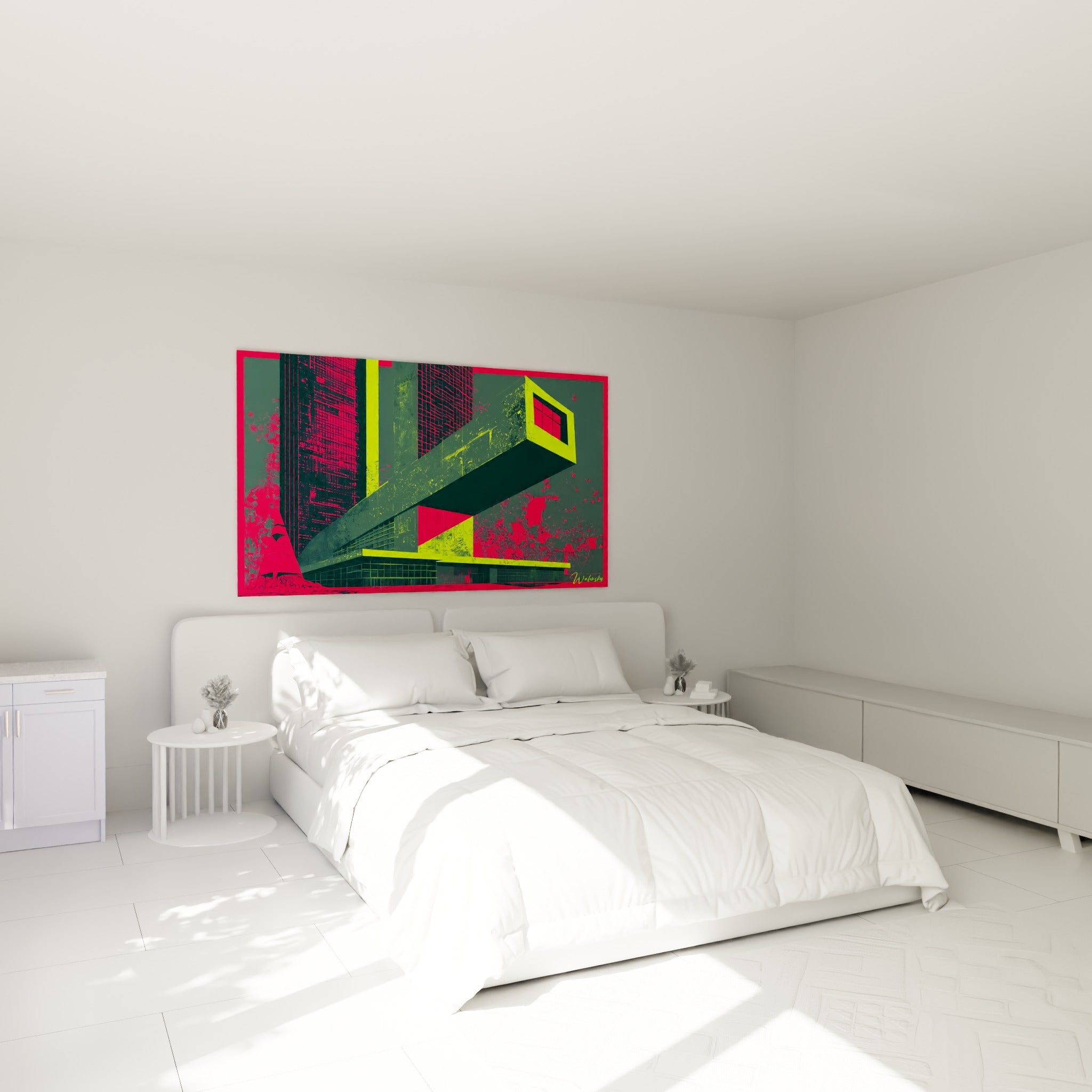 Structure architecturale rose vif et jaune électrique au-dessus d'un lit dans une chambre claire
