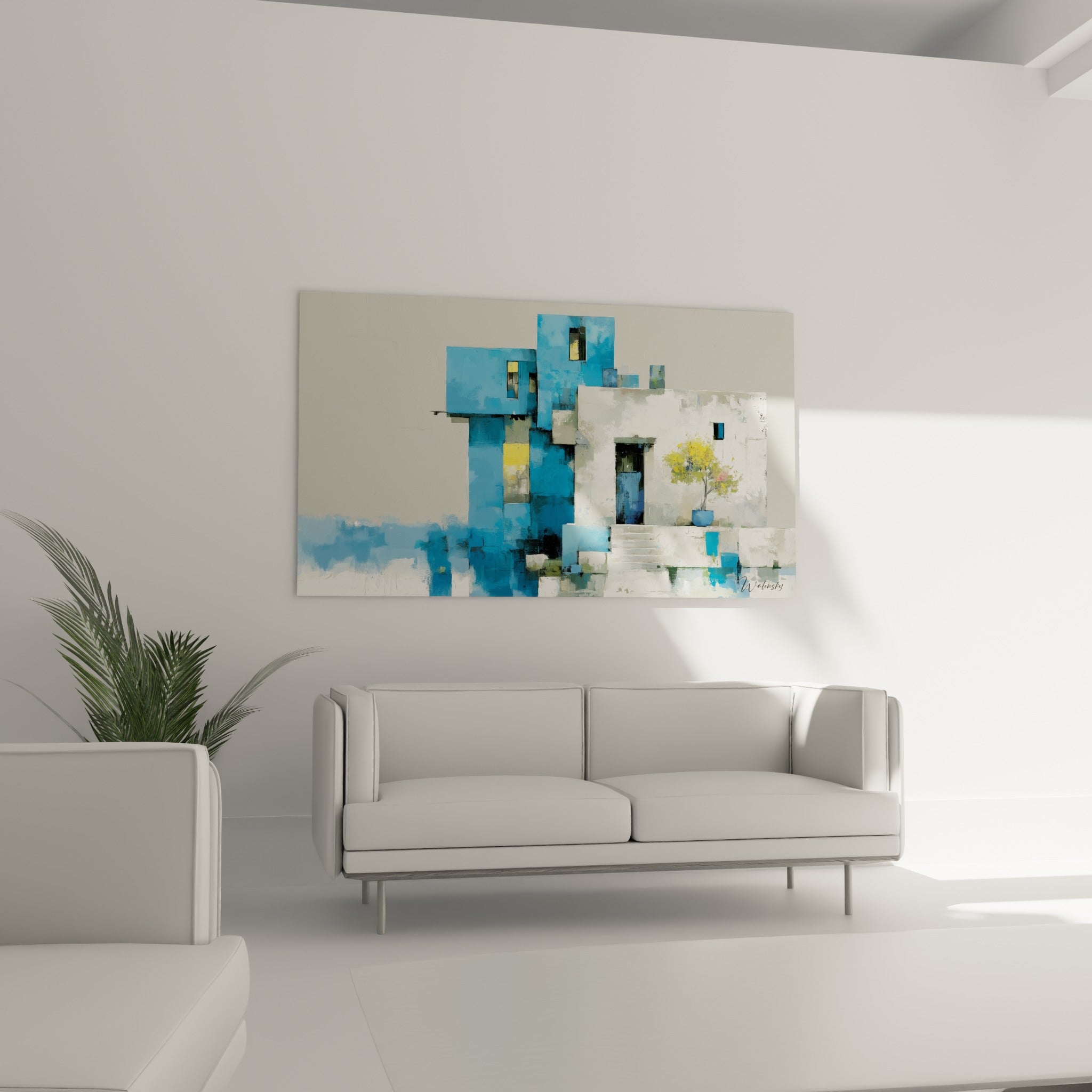 Façade cubiste bleu ciel et blanc cassé avec porte bleu nuit, au-dessus d'un canapé dans un salon lumineux