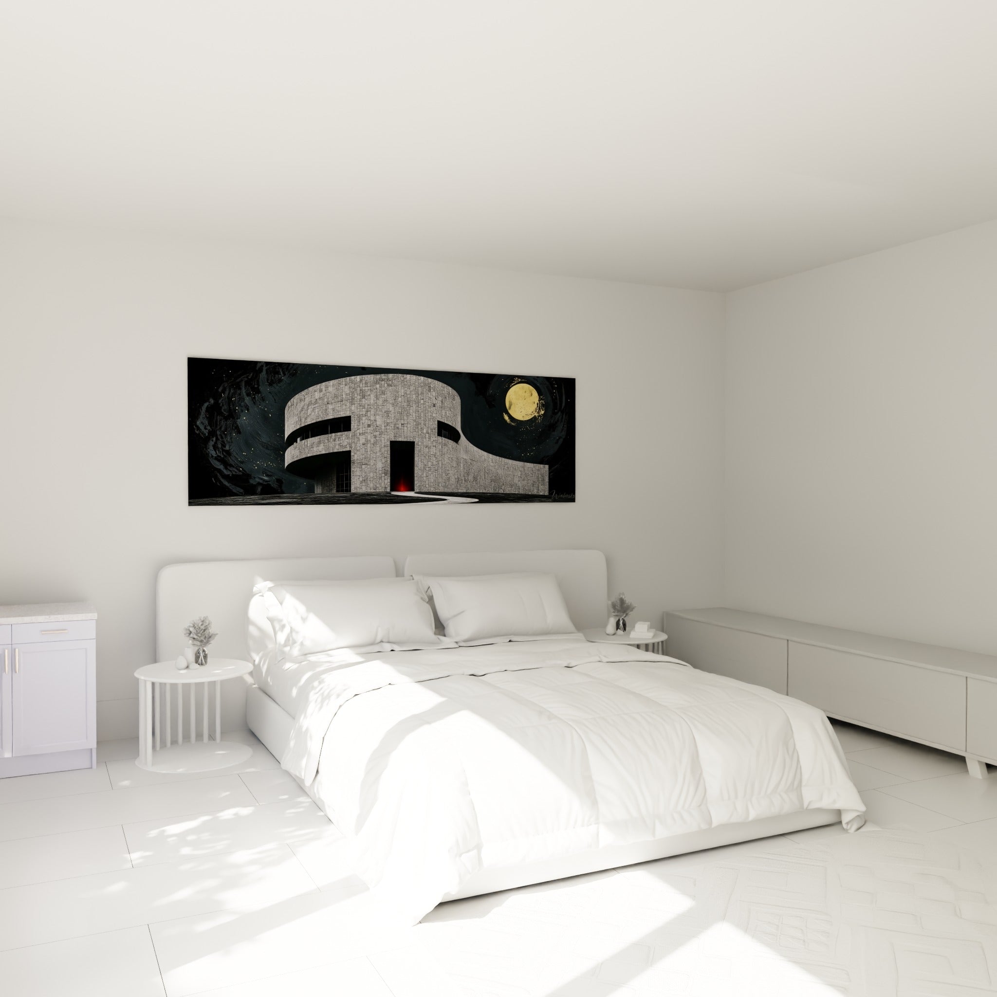 Construction ronde anthracite et porte rouge, tableau architecture abstrait au-dessus d'un lit dans une chambre claire