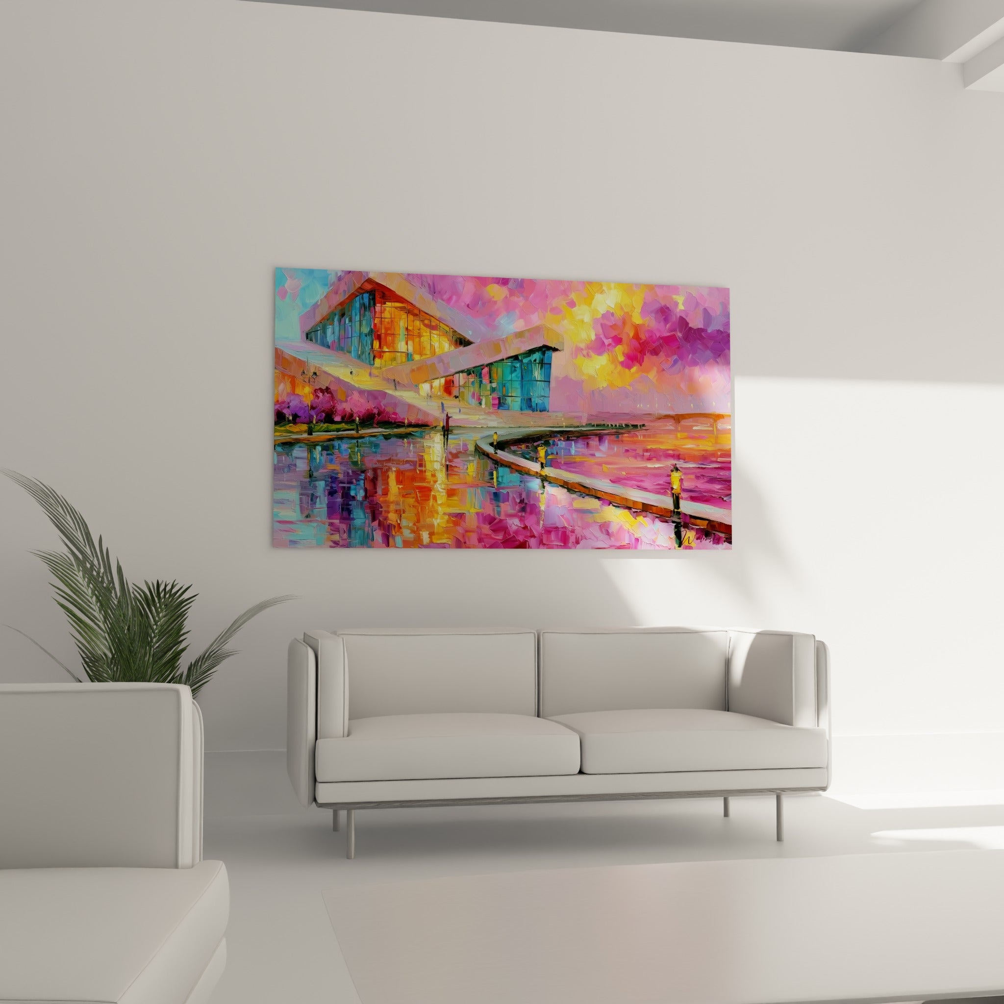 Promenade colorée et silhouettes jaunes d'un tableau architecture abstrait au-dessus d'un canapé dans un salon lumineux