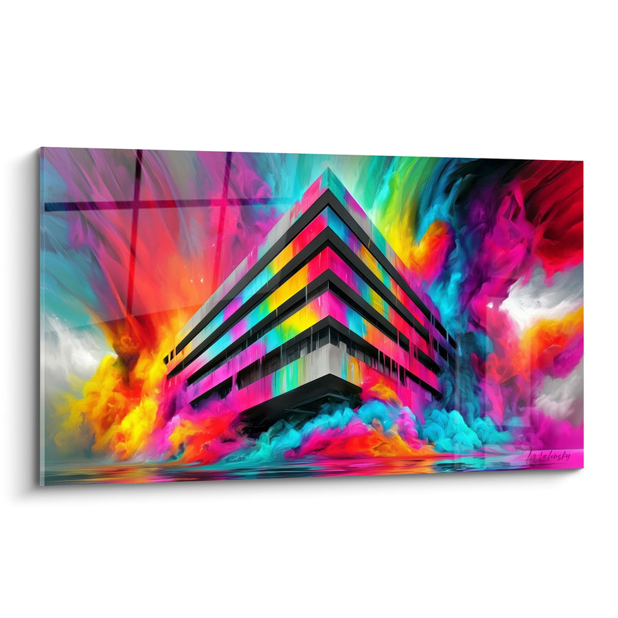 Gemälde Pyramidengebäude in Fuchsia- und Türkistönen - Chromatische Explosion - Architektur Edition Abstrakt