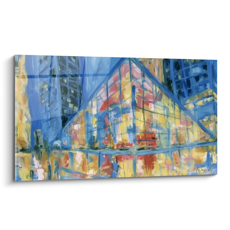 Glasbild Pyramide Blau und Gold mit Wasserreflexen - Städtische Glasstruktur - Edition Abstrakte Architektur