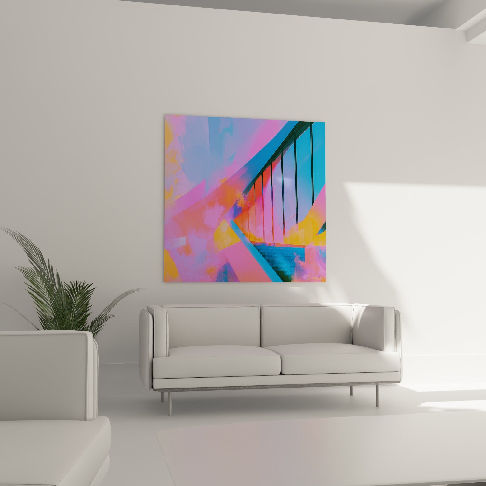 Lignes diagonales bleu et fuchsia d'un escalier stylisé, tableau au-dessus d'un canapé dans un salon lumineux