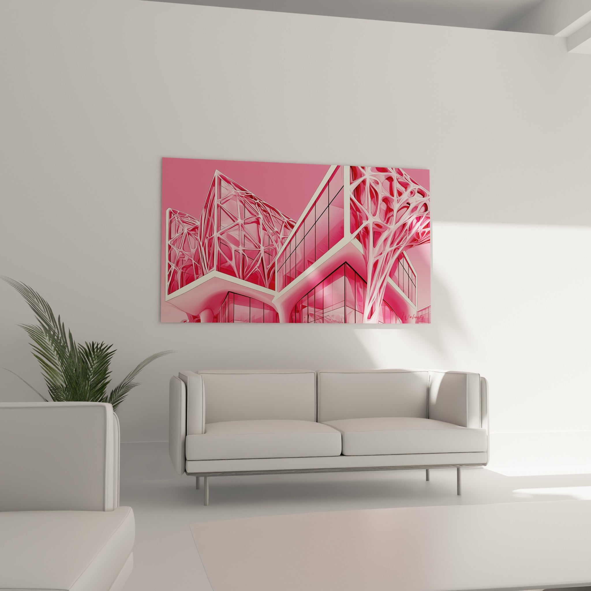 Façade vitrée fuchsia et ramifications blanches sculpturales au-dessus d'un canapé dans un salon lumineux