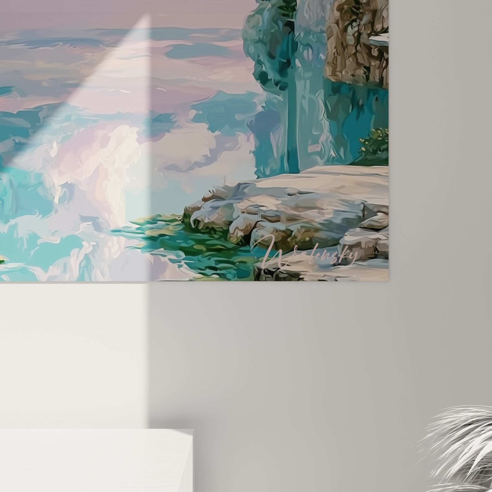 Grain pictural des nuages roses et du reflet turquoise de la mer, touches de glycine mauve en gros plan sur la toile
