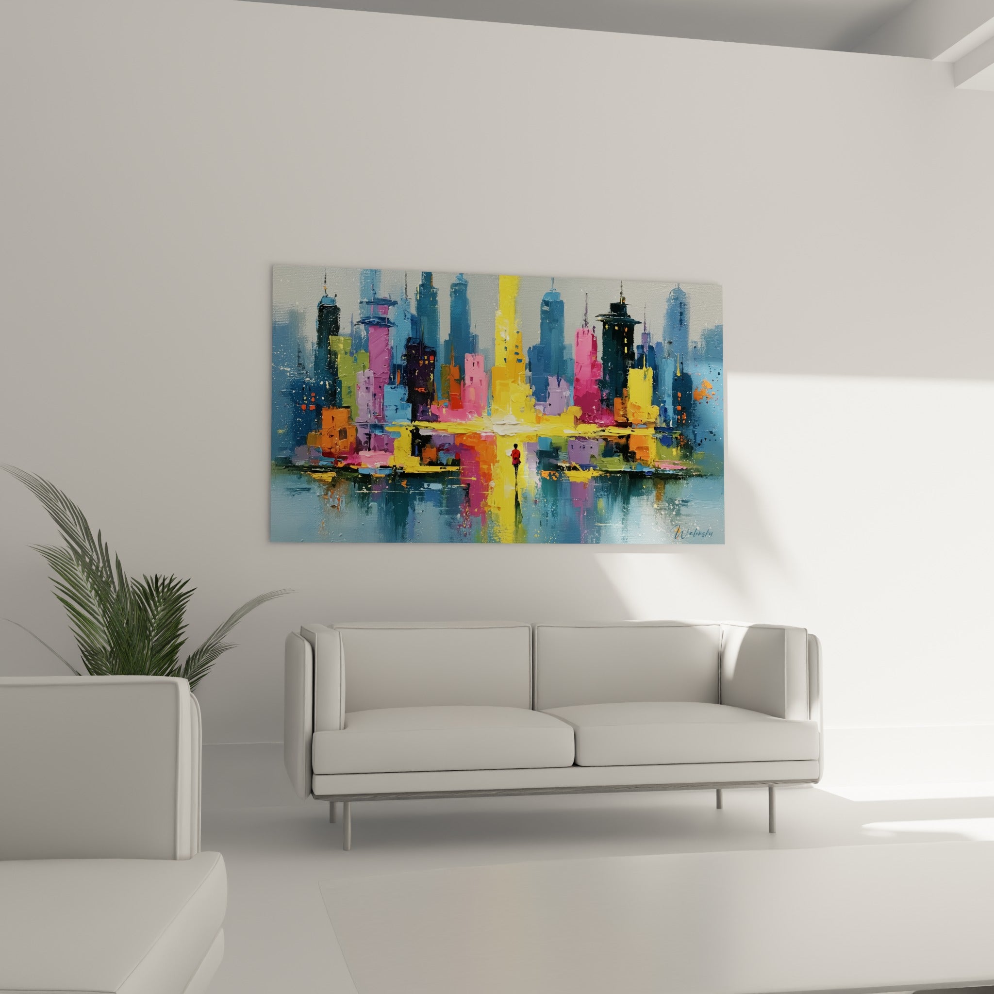 Tours urbaines jaune doré et bleu marine, reflets aquatiques, tableau architecture abstrait au-dessus d'un canapé dans un salon lumineux