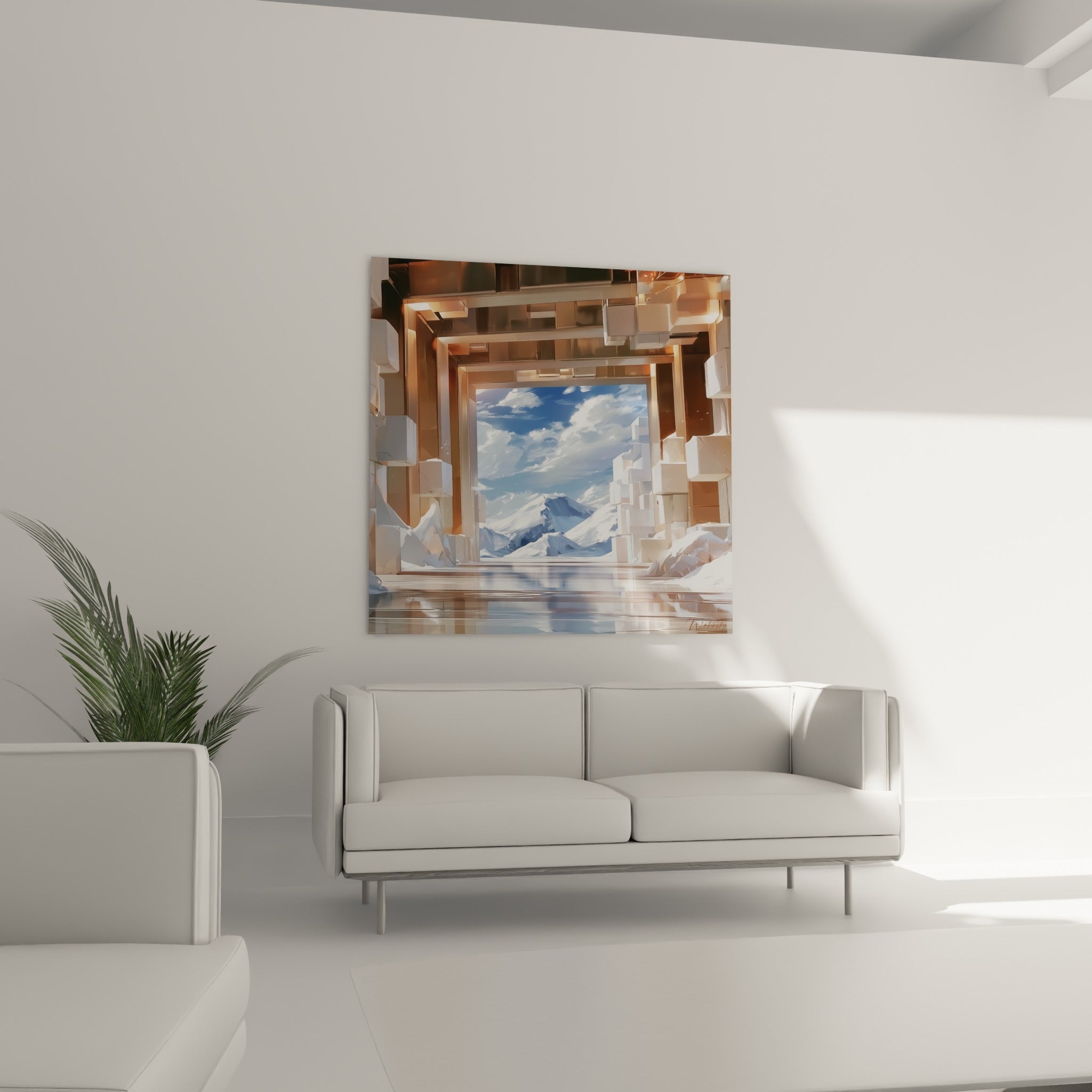 Structure géométrique blanche et bleu marine ouvrant sur un paysage glacé, au-dessus d'un canapé dans un salon lumineux