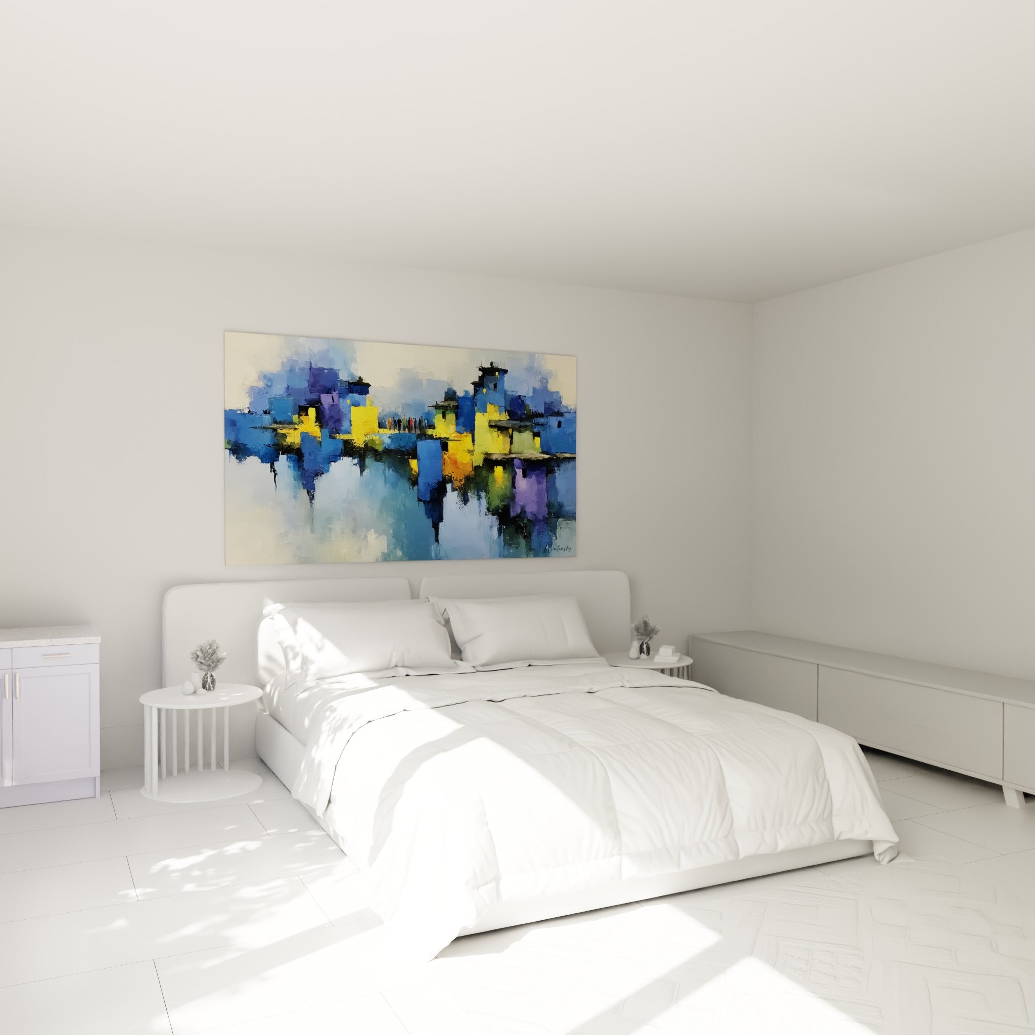 Cité abstraite bleue et dorée, tableau architecture abstrait au-dessus d'un lit dans une chambre claire