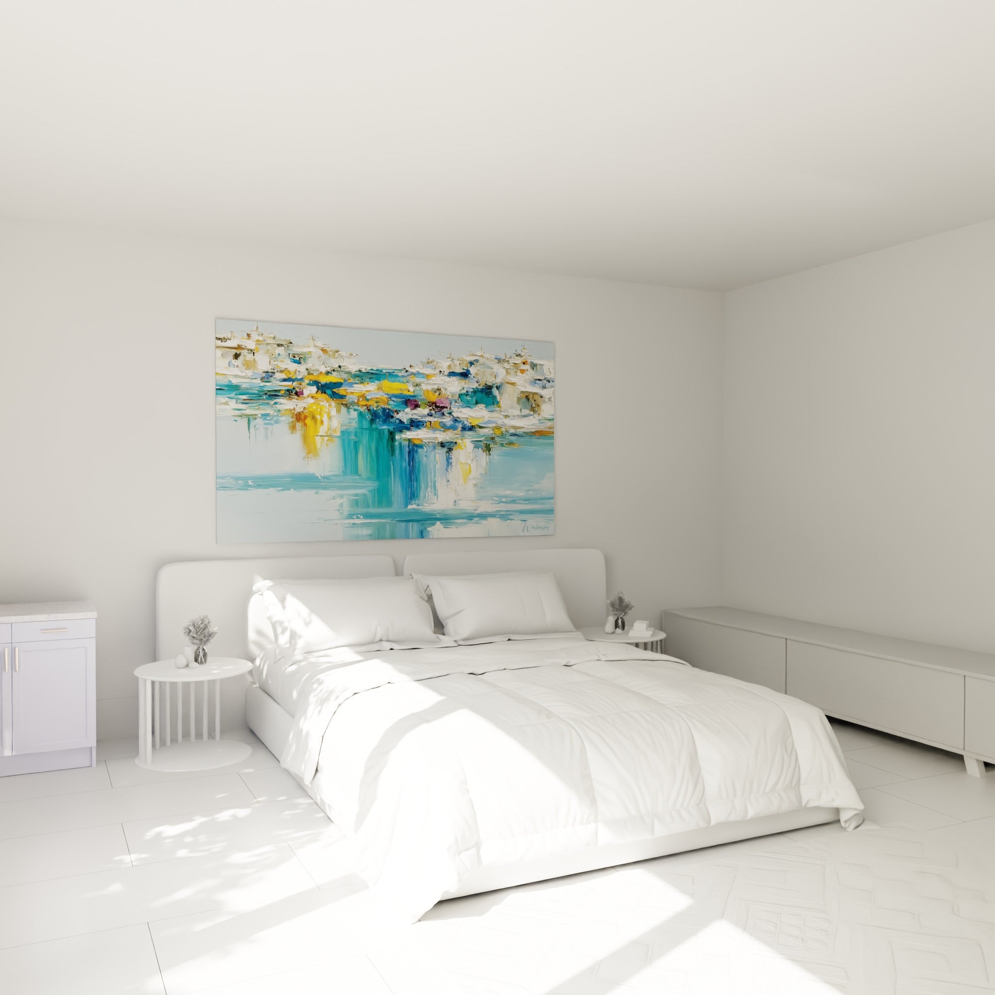 Reflets bleu turquoise et jaune ocre du village architecture abstrait au-dessus d'un lit dans une chambre claire