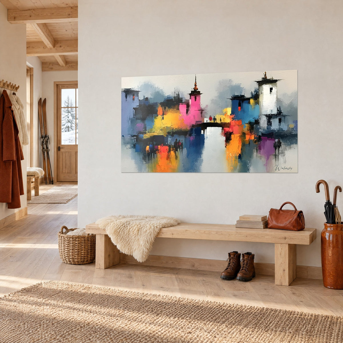 Tableau village lacustre peint au couteau, pont sombre, façades jaune safran et bleu cobalt, banc en bois en chalet