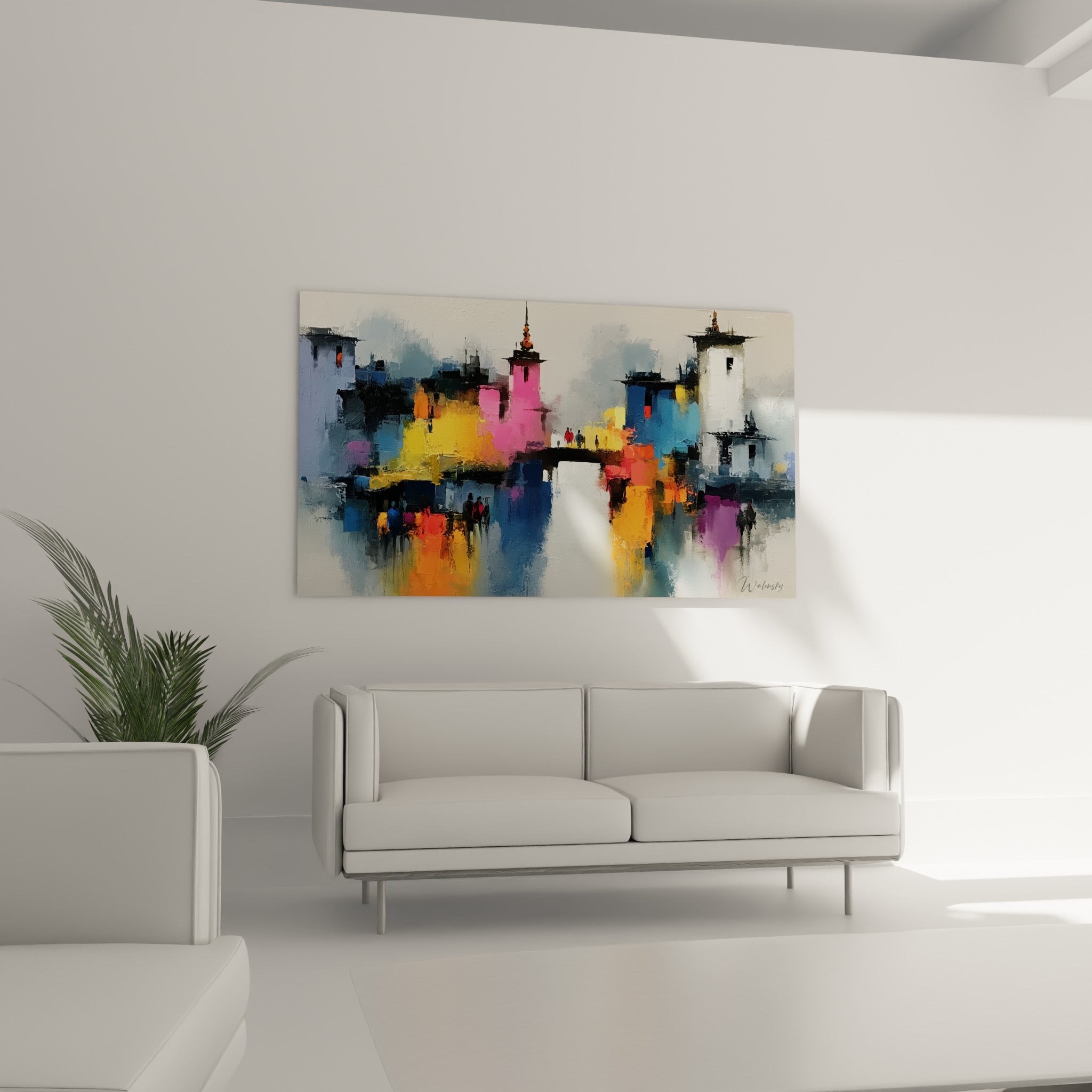 Reflets orangés et dorés d'une cité peinte, architecture abstrait au-dessus d'un canapé dans un salon lumineux