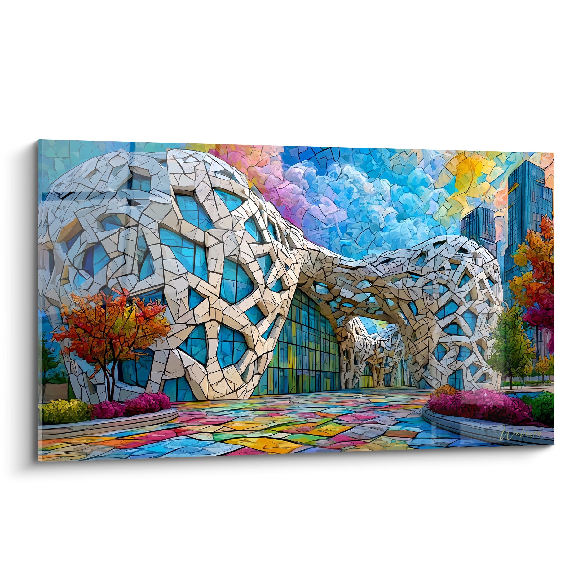 Édifice organique en résille blanche et bleu turquoise, ciel mosaïqué rose et doré, style vitrail