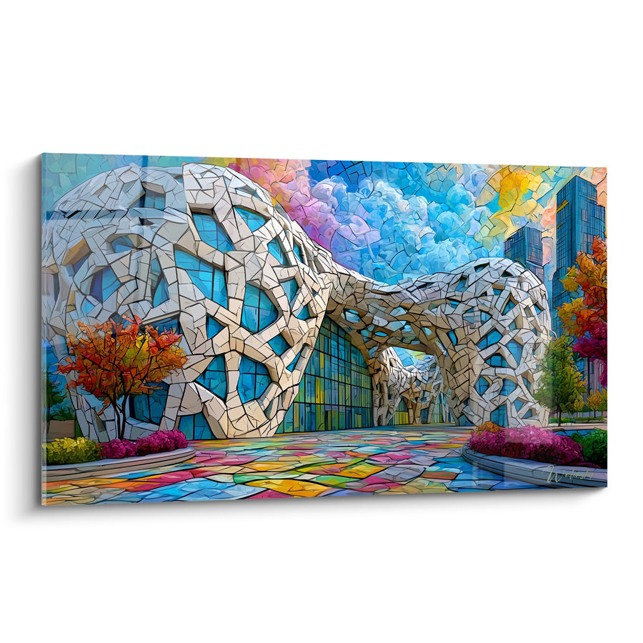 Gemälde Organisches Gebäude mit weißen und blauen Gitterstrukturen - Utopische Stadt - Architektur Edition Abstrakte Kunst
