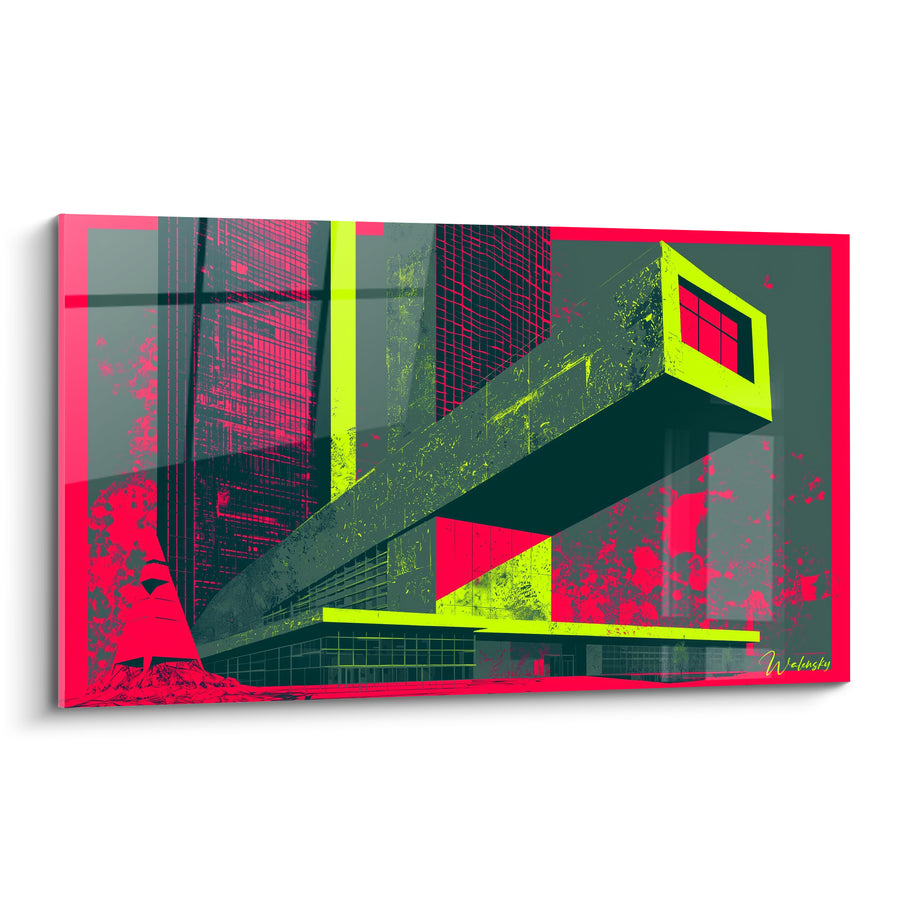 Gemälde Auskragung Gebäude rosa und neon grün - Spritzer fluoreszierende urbane Szene - Architektur Edition abstrakte Kunst