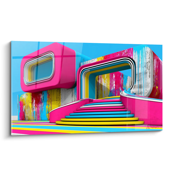 Architecture abstrait aux volumes rose fuchsia et bleu turquoise, escalier sculptural en dégradé coloré