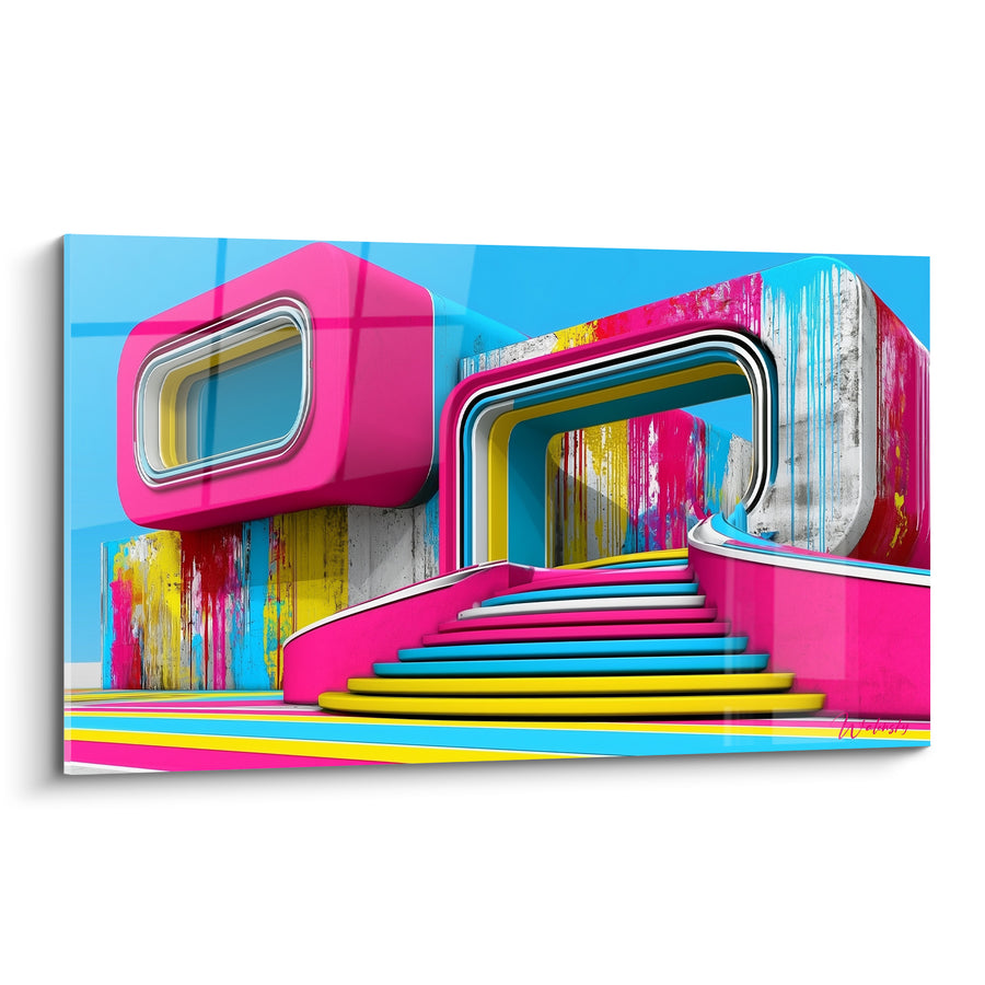 Gemälde Treppe rosa und gelb mit konzentrischen Bögen - Farbsprenkelwand - Edition abstrakte Architektur