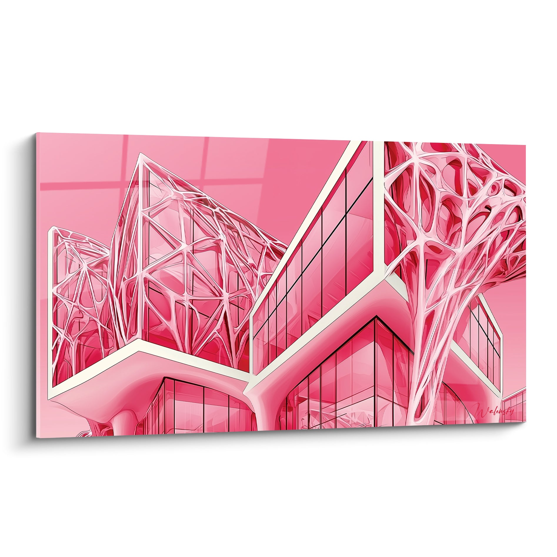 Bâtiment futuriste rose fuchsia et blanc aux structures filaires organiques en pleine composition