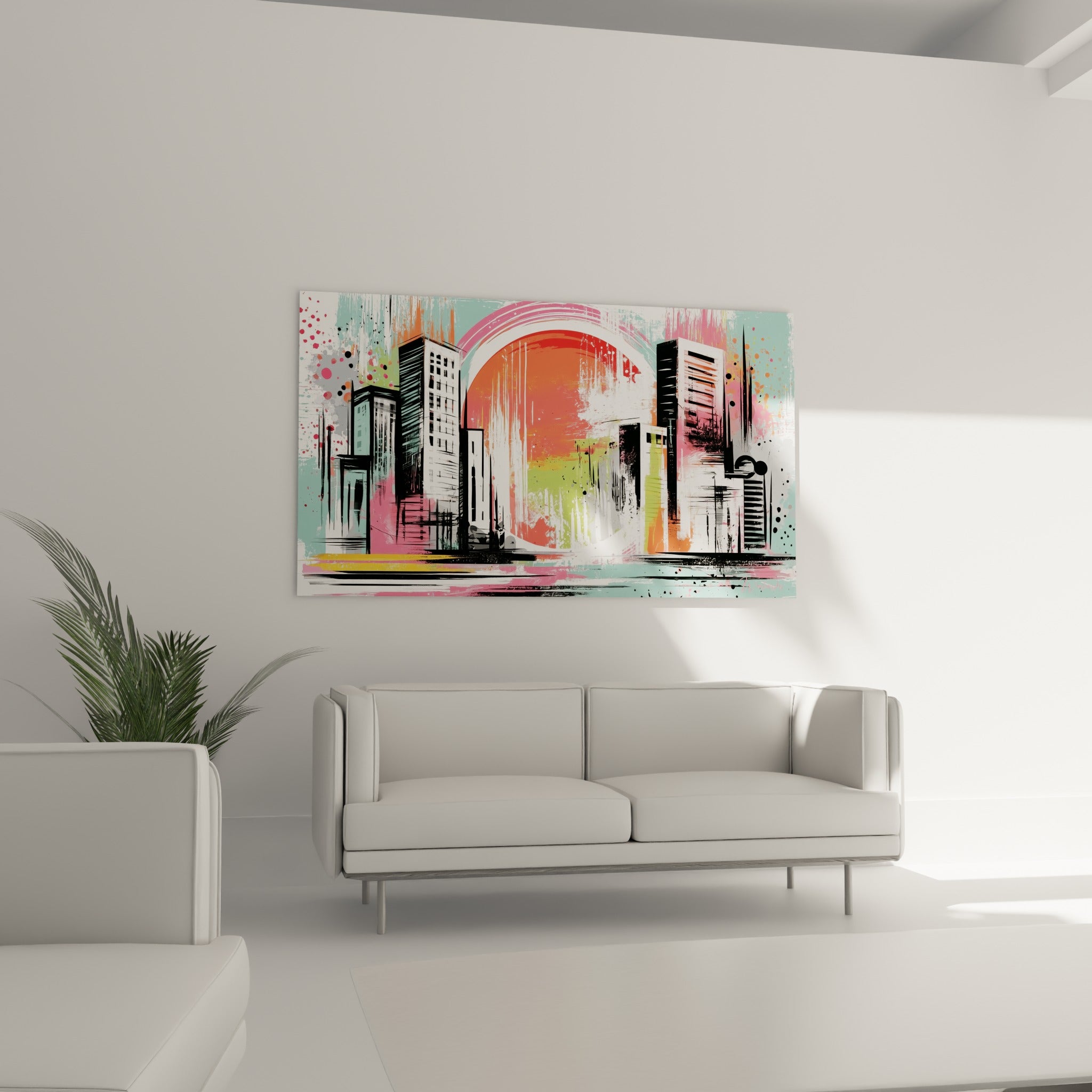Gratte-ciel graphiques noirs et fond turquoise de ce tableau architecture abstrait au-dessus d'un canapé dans un salon lumineux