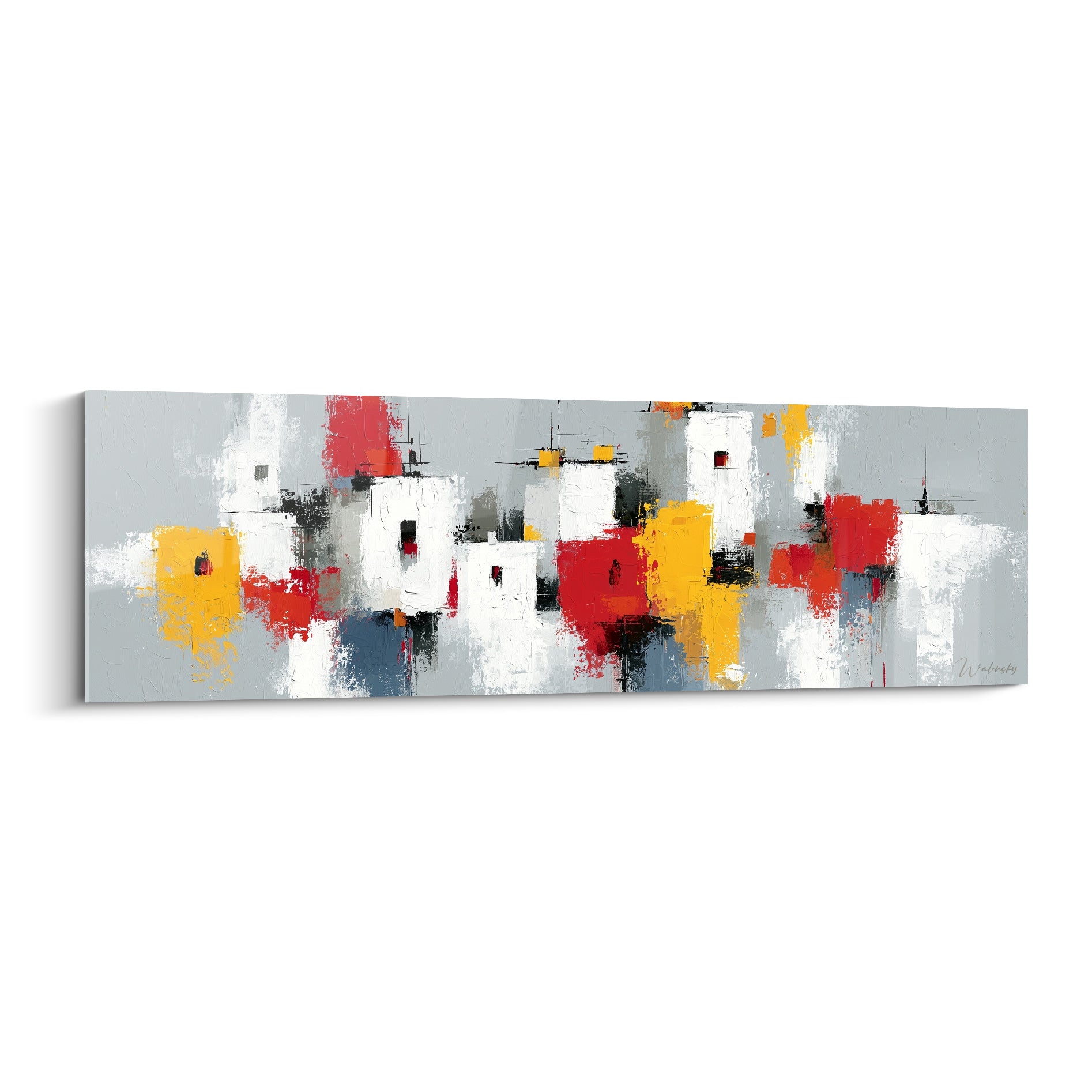 Composition architecture abstrait en blocs rouge vermillon et jaune moutarde sur fond gris anthracite texturé