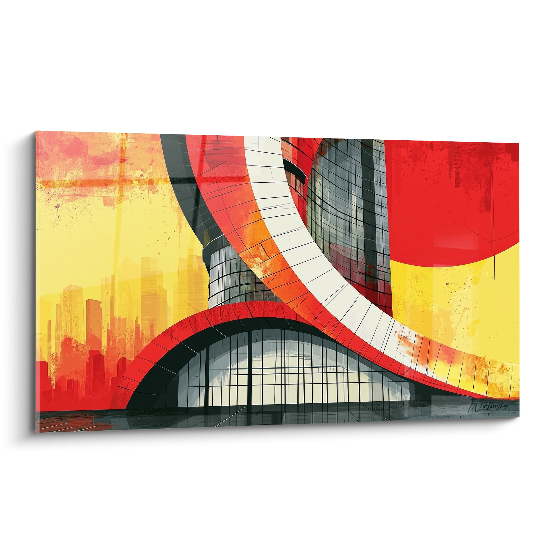 Architecture abstraite aux courbes rouge et jaune vif, structure vitrée anthracite et bande blanche sinueuse
