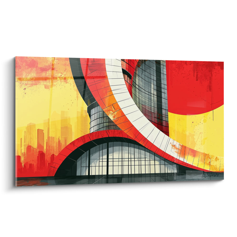 Tableau Bâtiment spiralé rouge et jaune sur skyline lointaine - Ruban blanc torsadé - Edition Architecture abstrait