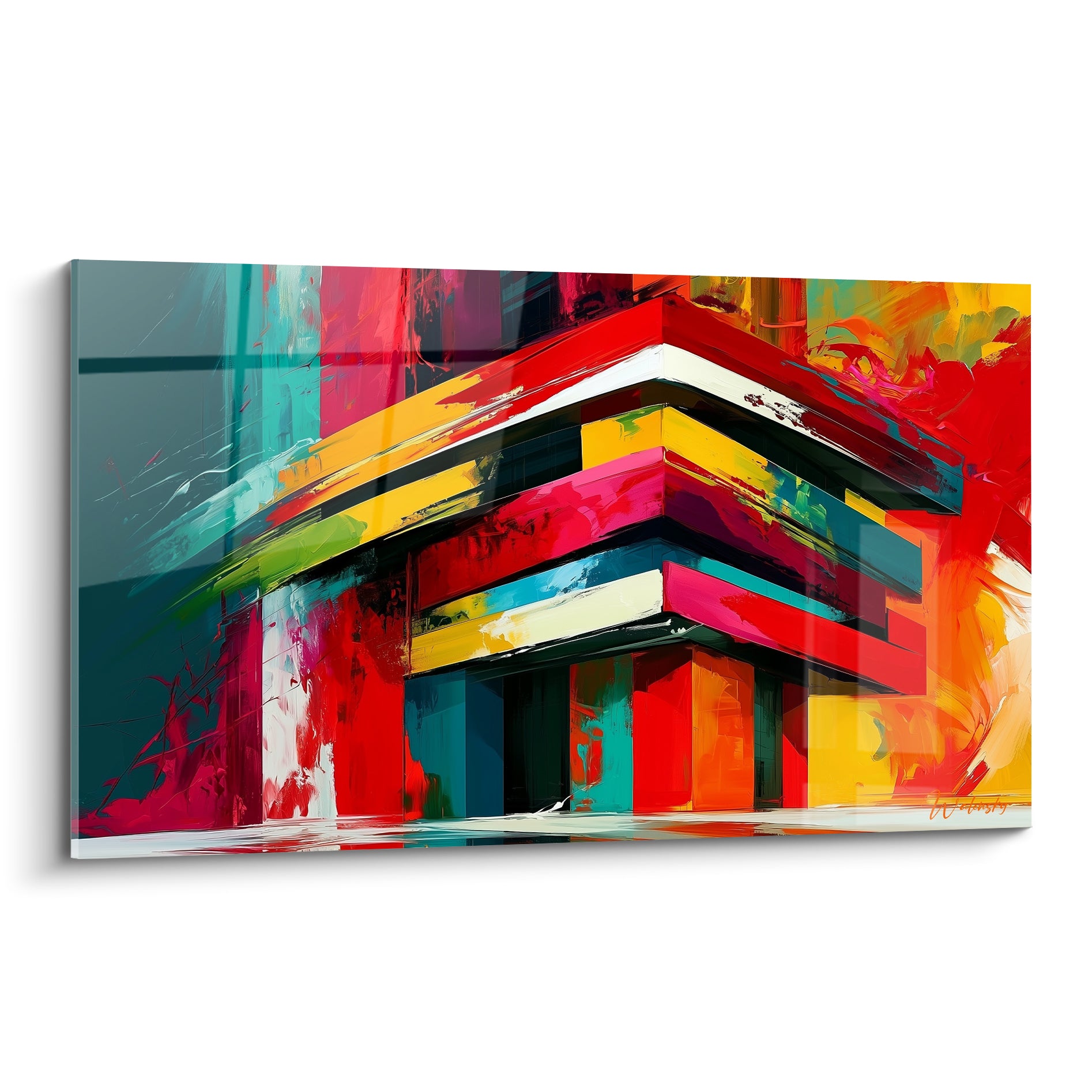 Bâtiment stylisé rouge et turquoise, angles francs, touches dorées, style architecture abstrait