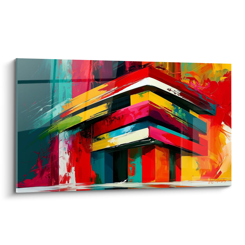 Tableau Bâtiment rouge et turquoise aux angles vifs - Élan urbain - Edition Architecture abstrait