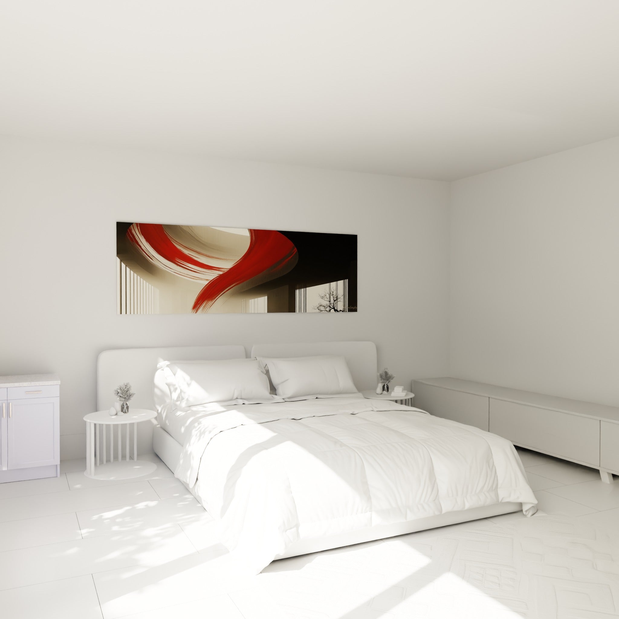 Ruban écarlate traversant une composition beige et sombre, tableau au-dessus d'un lit dans une chambre claire