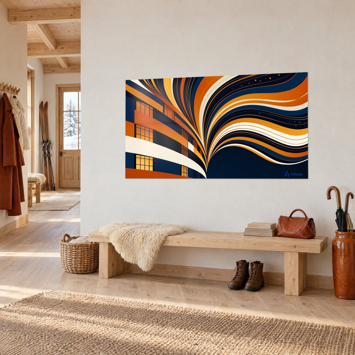 Tableau immeuble courbe de nuit, bandes bleu marine et safran jaillissant en éventail, accroché au-dessus d'un banc en bois d'un chalet