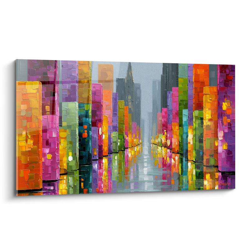 Tableau Rue urbaine aux gratte-ciel fuchsia et orangé - Pulsation nocturne - Edition Architecture abstrait