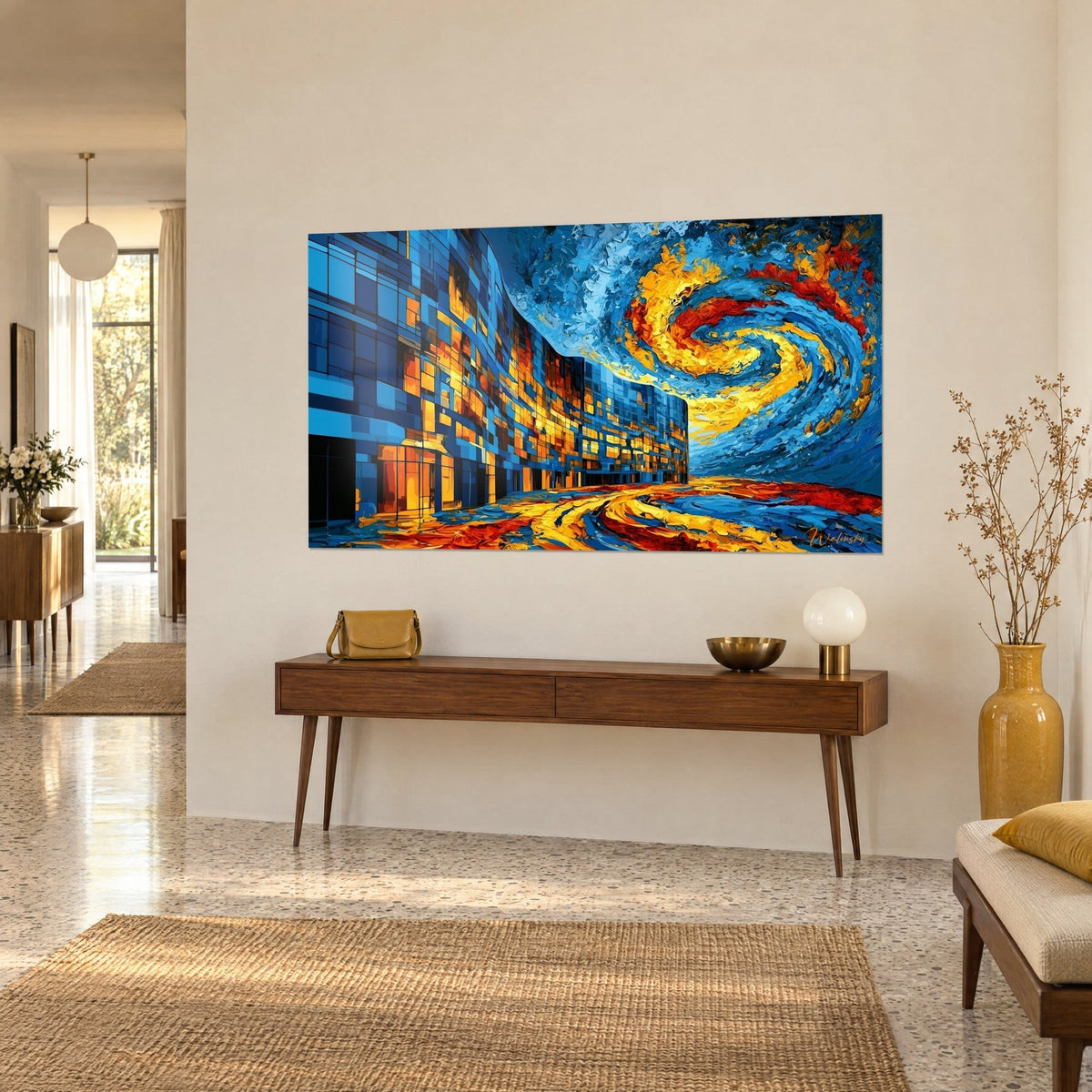 Tableau immeuble courbe en carreaux bleus et ambre, tourbillon jaune et rouge, vu de trois-quarts sur un mur crème au-dessus d'une console