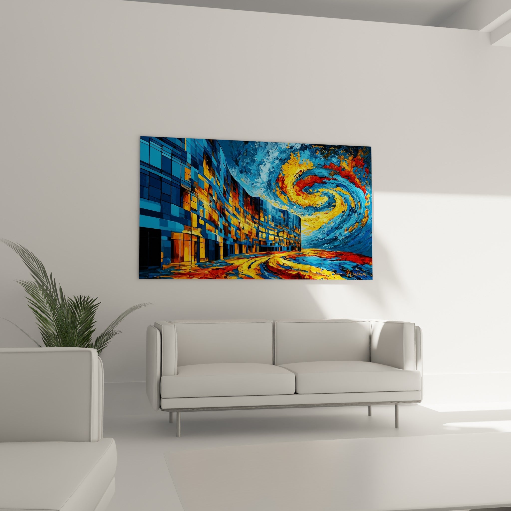 Rue illuminée d'orange sous un ciel bleu et doré en mouvement, tableau au-dessus d'un canapé dans un salon lumineux