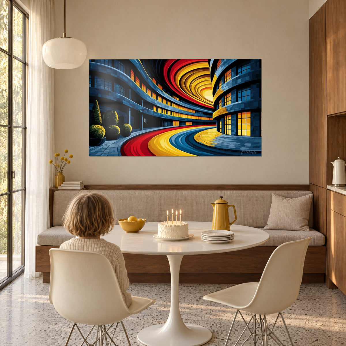 Quadro viale sinuoso rosso, giallo e blu che costeggia torri curve dalle finestre illuminate, in un salotto con tavolo rotondo