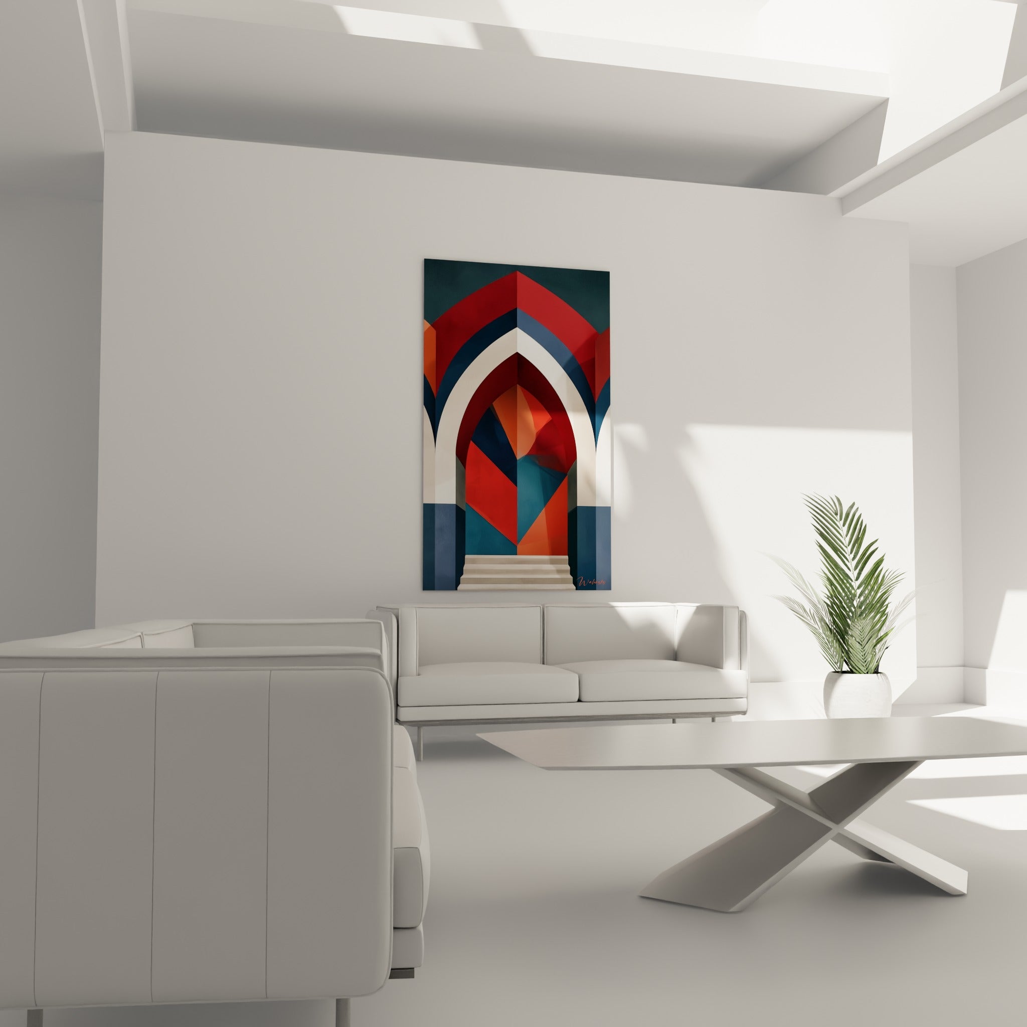 Composition géométrique rouge et bleu marine évoquant un seuil monumental, tableau au-dessus d'un canapé dans un salon lumineux
