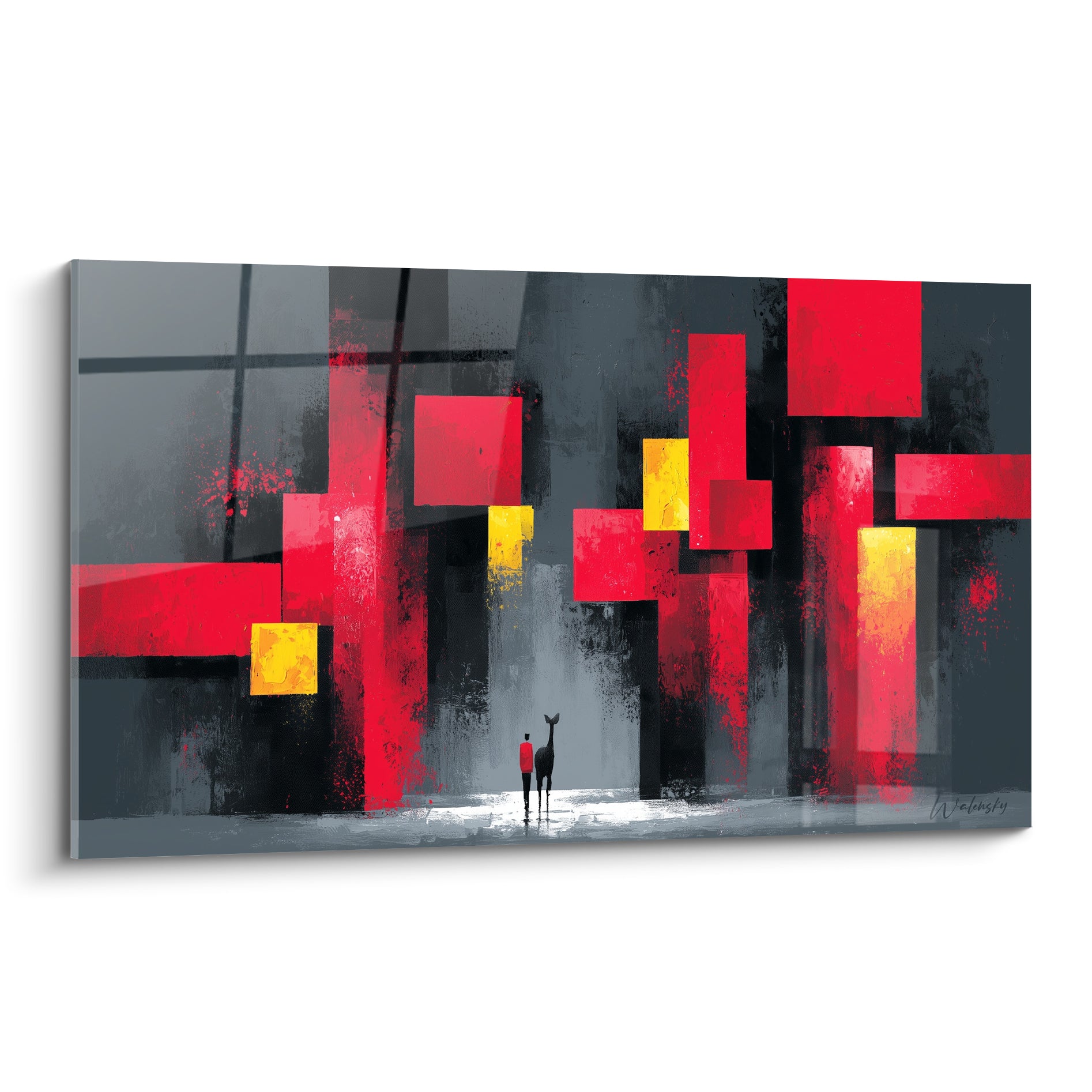 Silhouette et cerf noir devant blocs rouges et anthracite, tableau architecture abstrait aux tons dorés