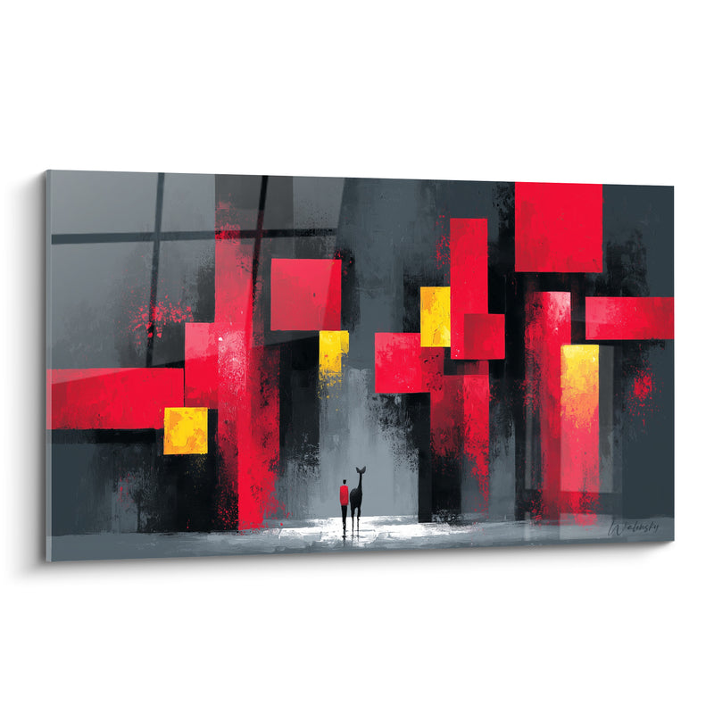 Tableau Silhouette and Deer Between Red and Anthracite Blocks - Urban Encounter - Abstract Architecture Edition