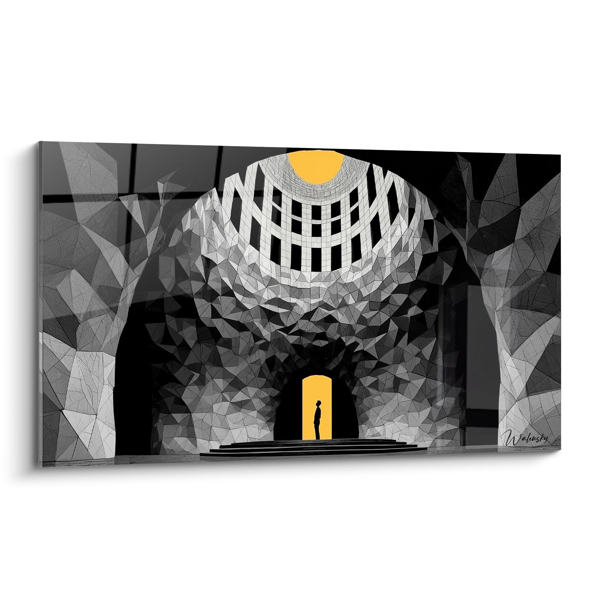 Silhouette noire face à une porte jaune ocre sous une voûte architecture abstrait anthracite