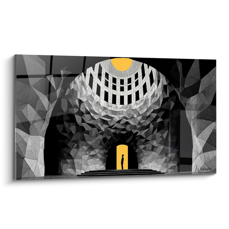 Druckwerk Silhouette Schwarz in gelber Tür - Graue facettierte Gewölbe - Architektur Edition Abstrakte