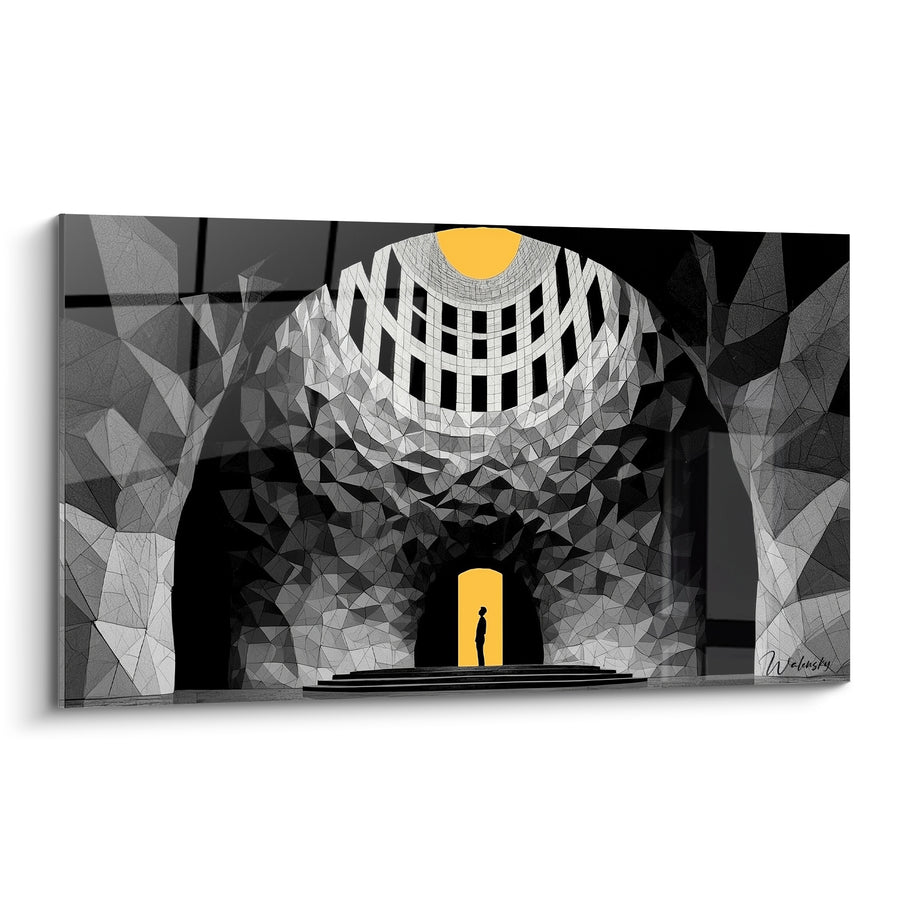 Druckwerk Silhouette Schwarz in gelber Tür - Graue facettierte Gewölbe - Architektur Edition Abstrakte