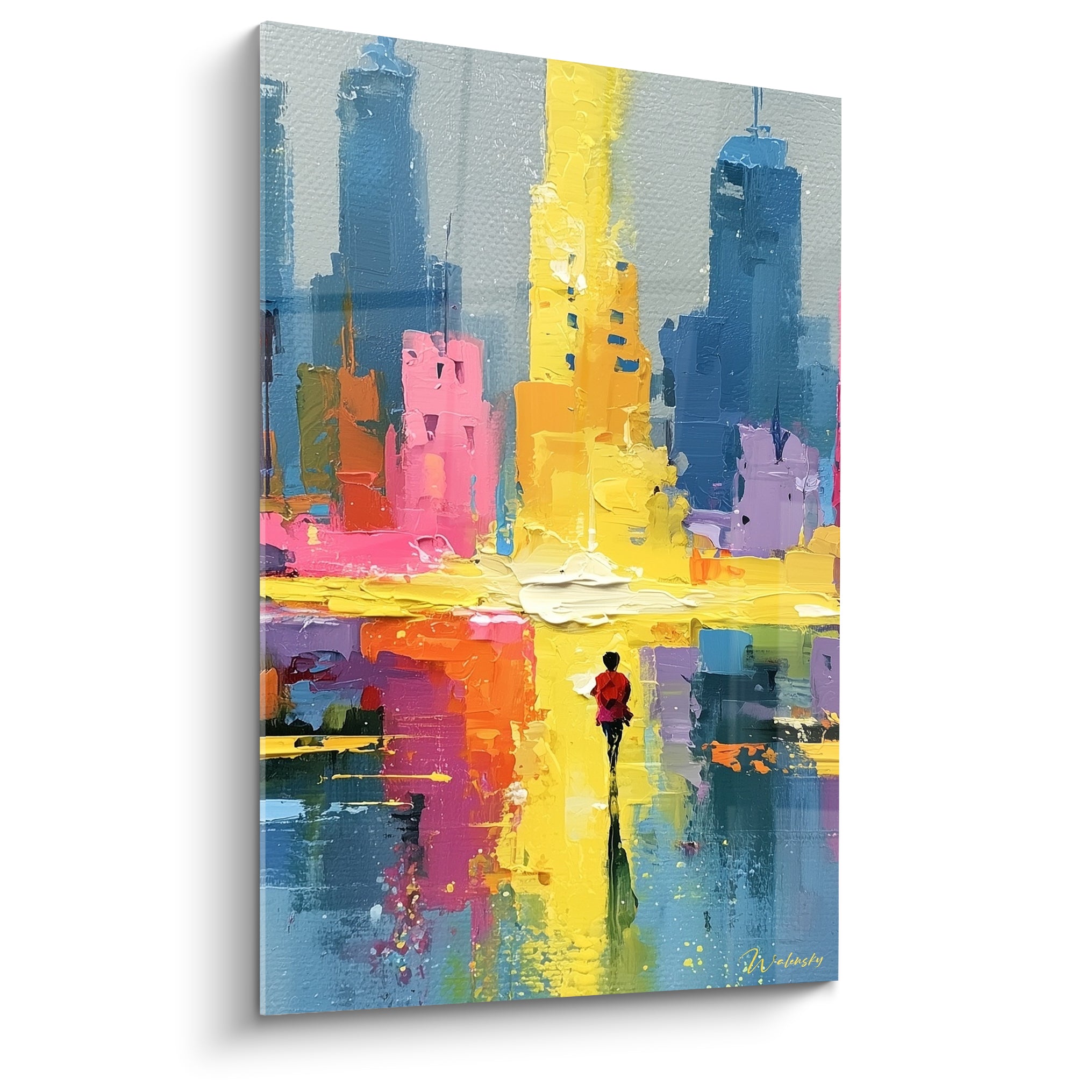 Silhouette rouge marchant vers un tableau architecture abstrait aux tours jaunes et bleu marine
