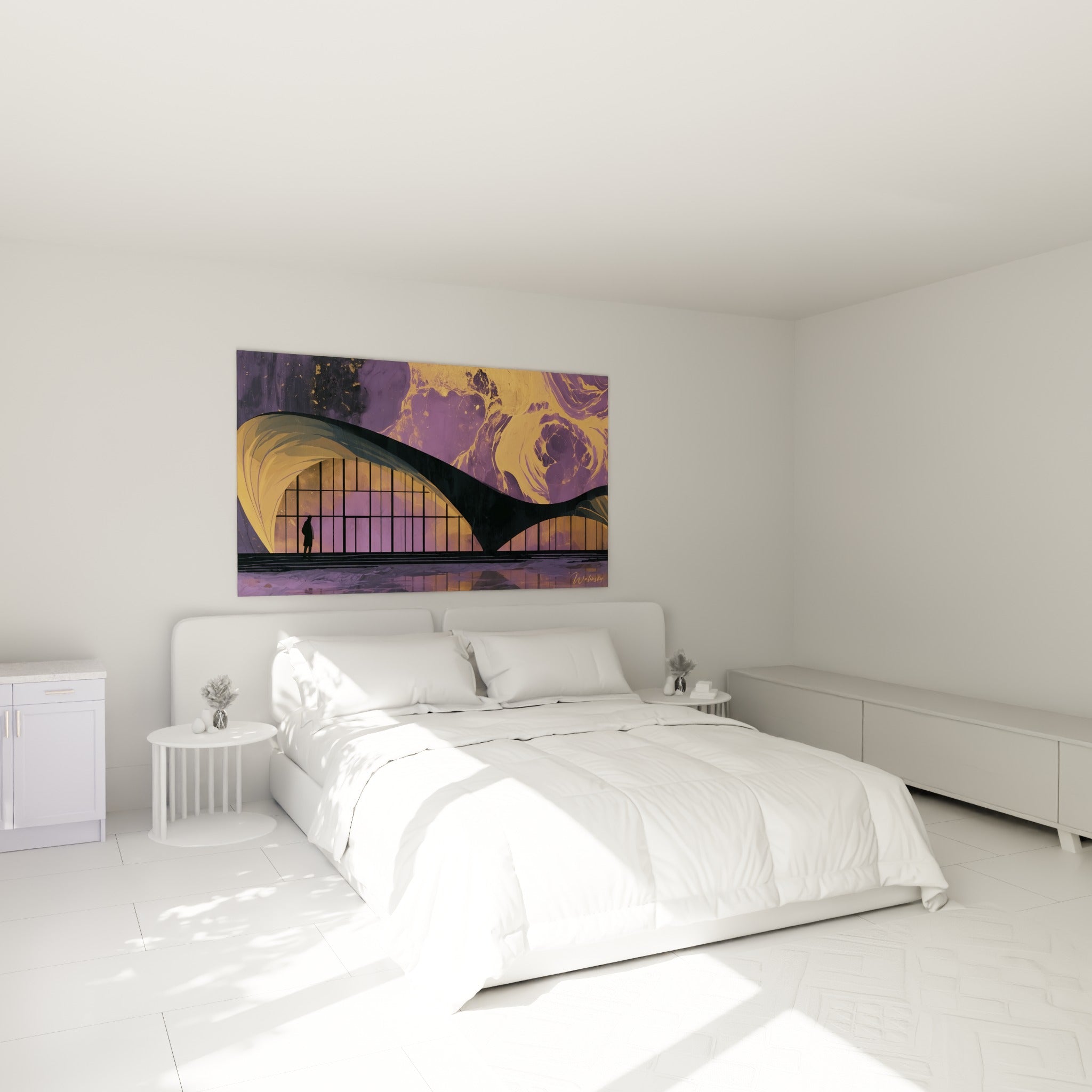 Pavillon architectural violet et ocre avec silhouette noire, tableau architecture abstrait au-dessus d'un lit dans une chambre claire