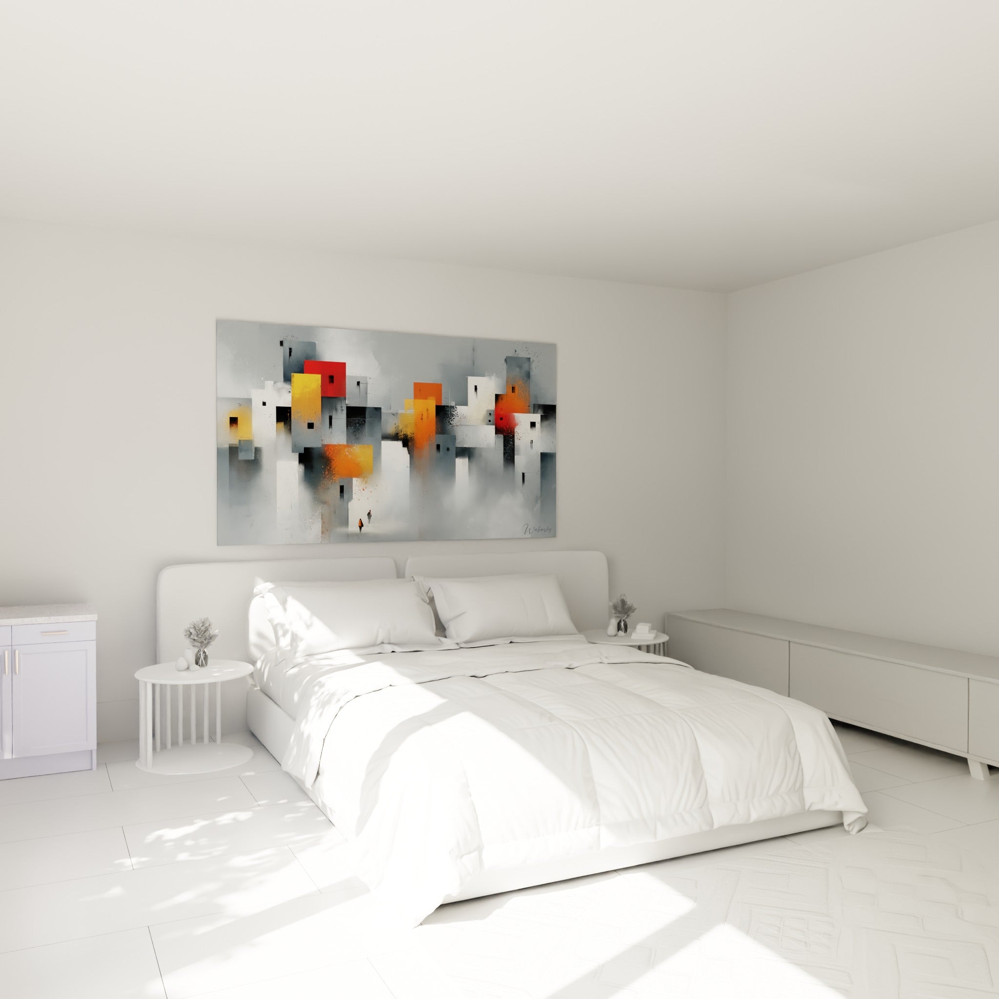Blocs urbains gris anthracite et orange vif dominent ce tableau accroché au-dessus d'un lit dans une chambre claire