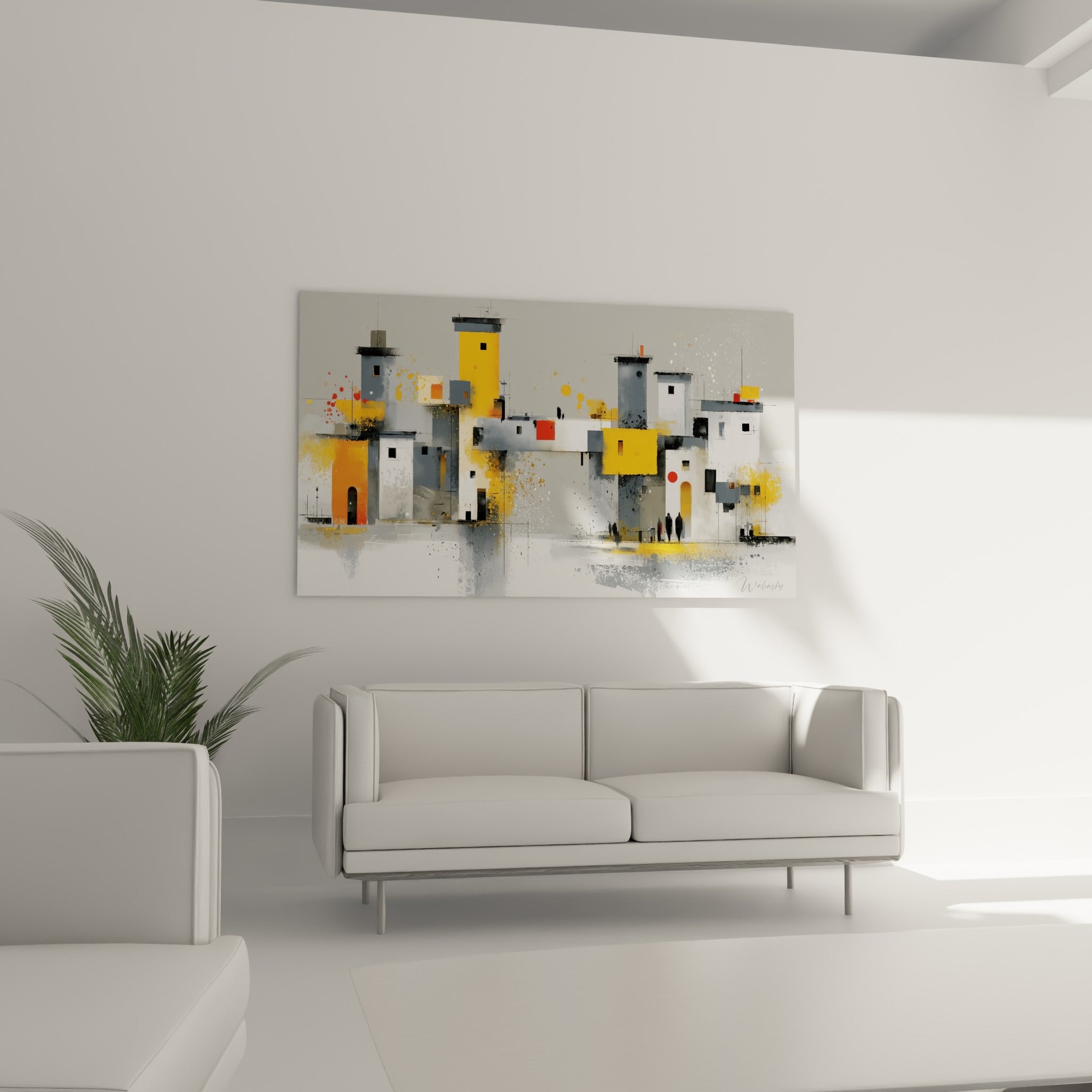 Silhouettes urbaines et volumes gris-ocre de cette architecture abstraite au-dessus d'un canapé dans un salon lumineux