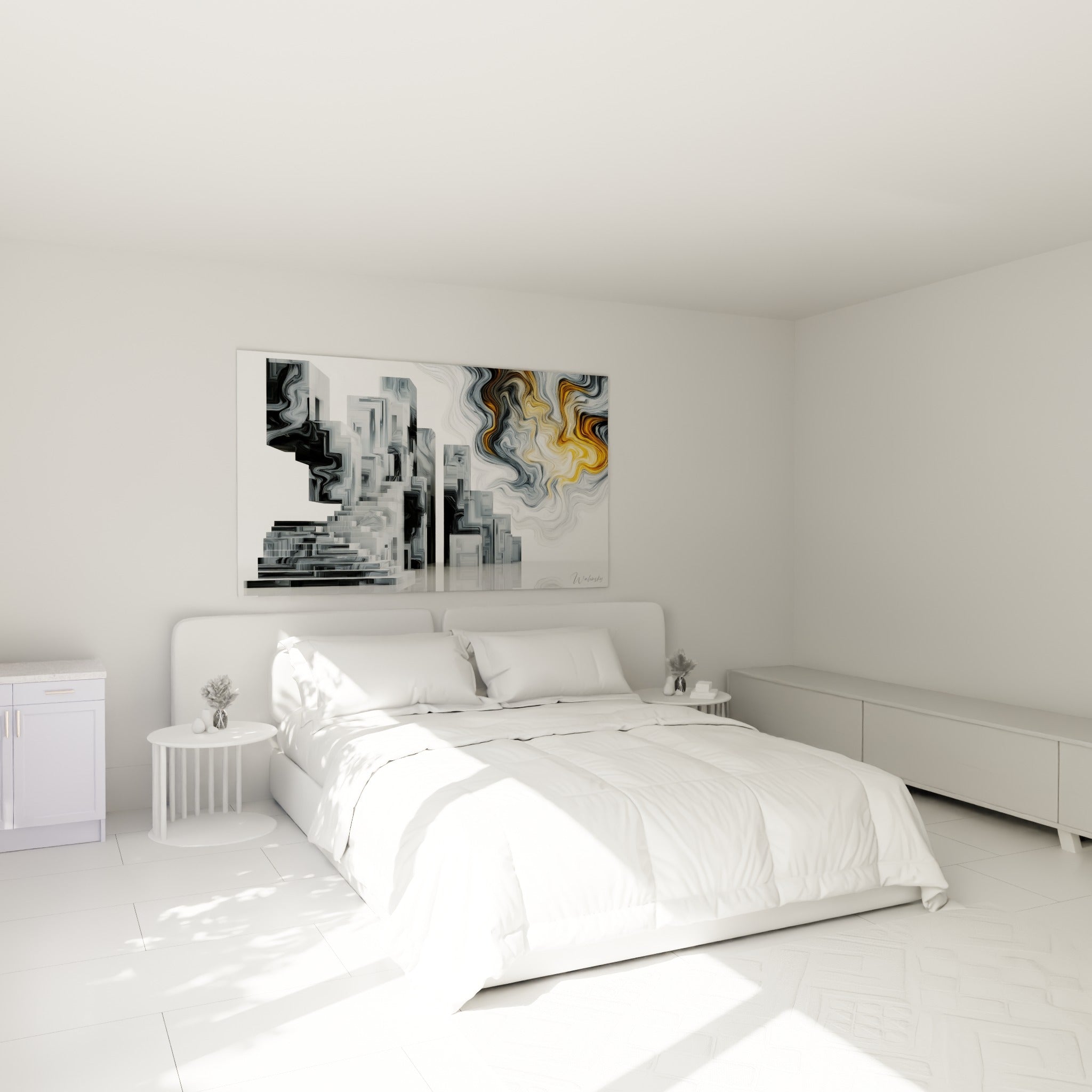 Skyline anthracite et fumée dorée du tableau architecture abstrait, au-dessus d'un lit dans une chambre claire