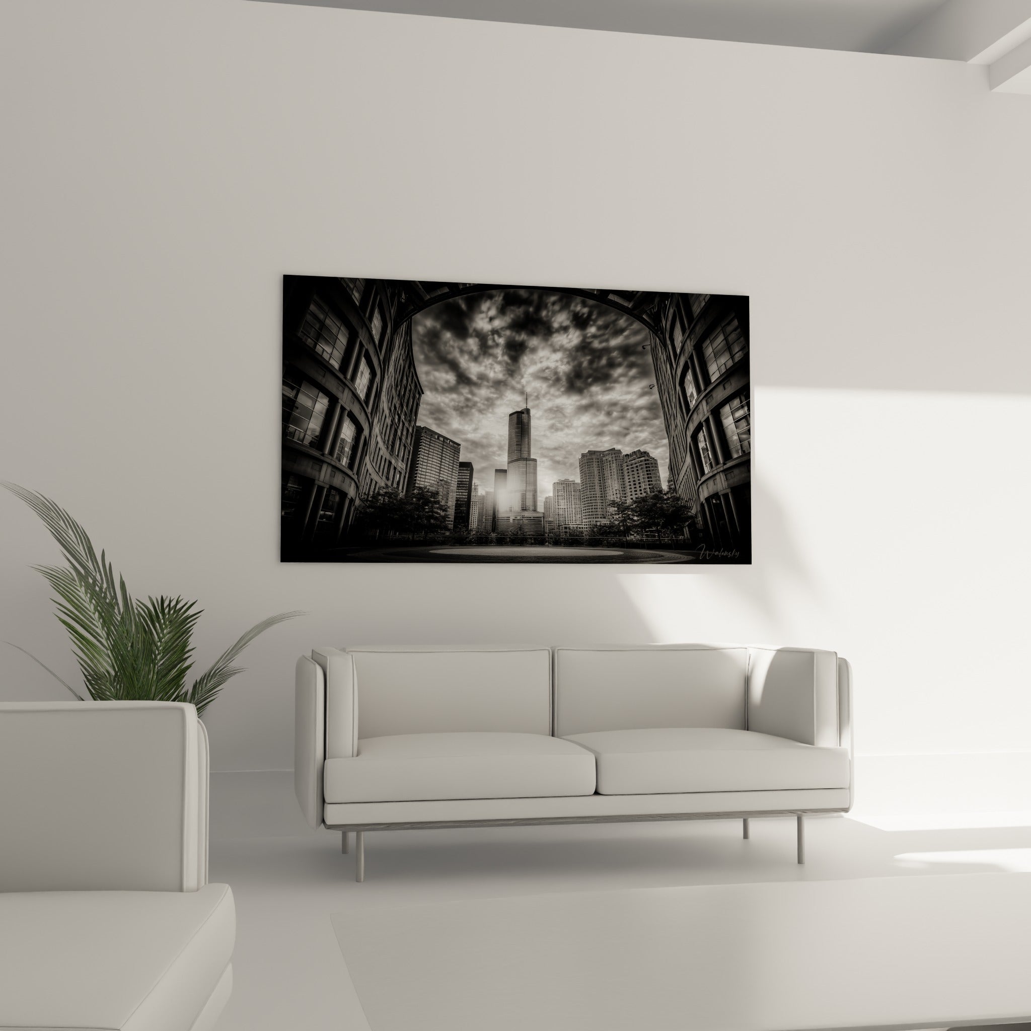 Silhouette urbaine anthracite Architecture abstrait sous ciel nuageux, au-dessus d'un canapé dans un salon lumineux