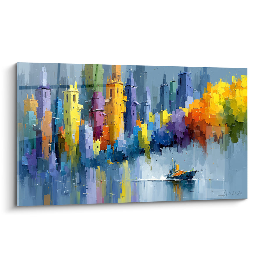 Buntes Stadtbild-Gemälde mit blauen und goldenen Reflexionen - Spiegelstadt - Architektur Edition abstrakt