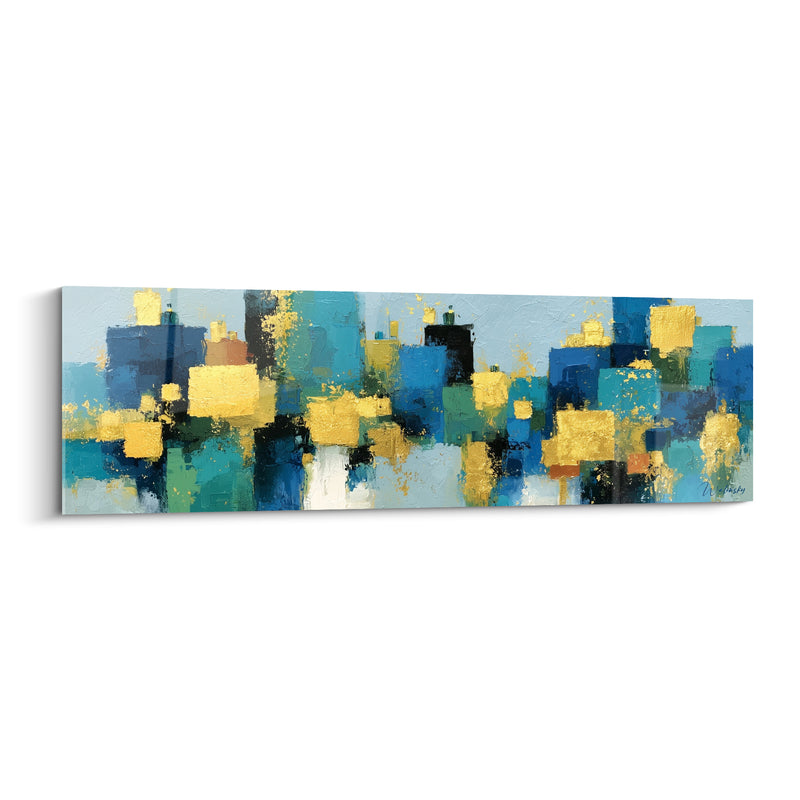 Urban Skyline Painting with Blue and Gold Blocks - Reflections of the City - Abstract Architecture Edition