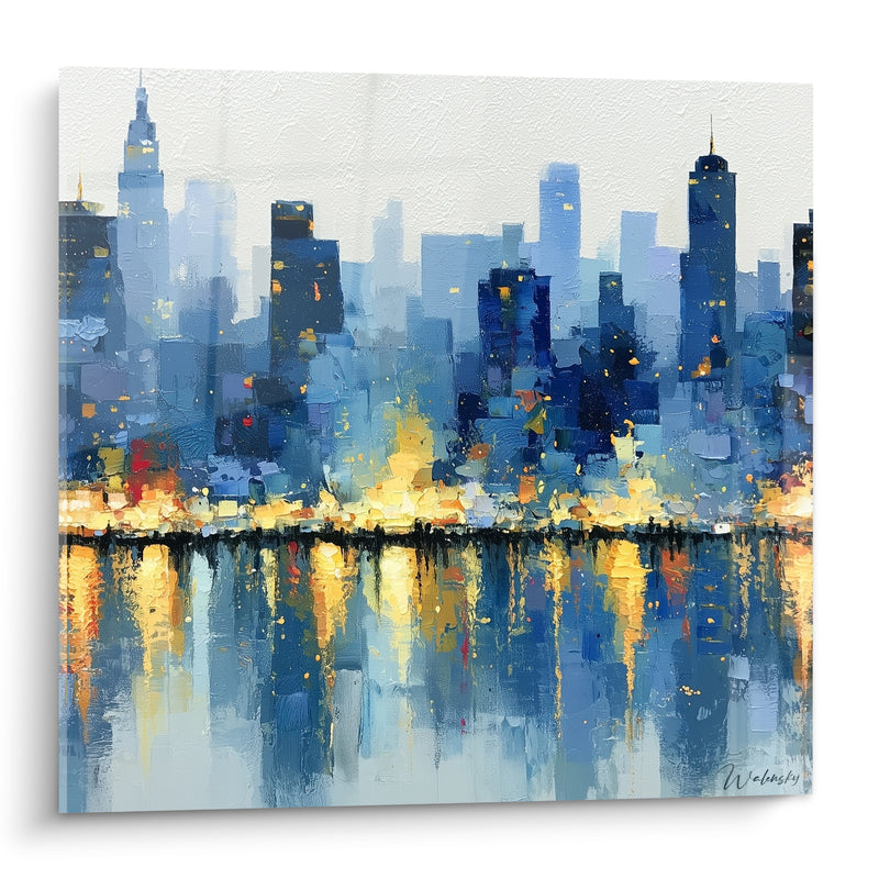 Gemälde Skyline blau und golden auf Wasserreflexen - Stadt im Schlummer – Edition Architektur abstrakt