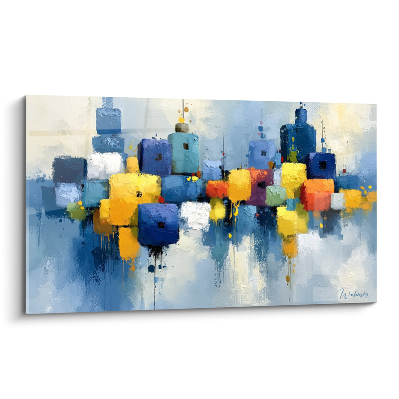 Tableau Skyline aux cubes bleus et jaunes - Cité en fusion - Edition Architecture abstrait
