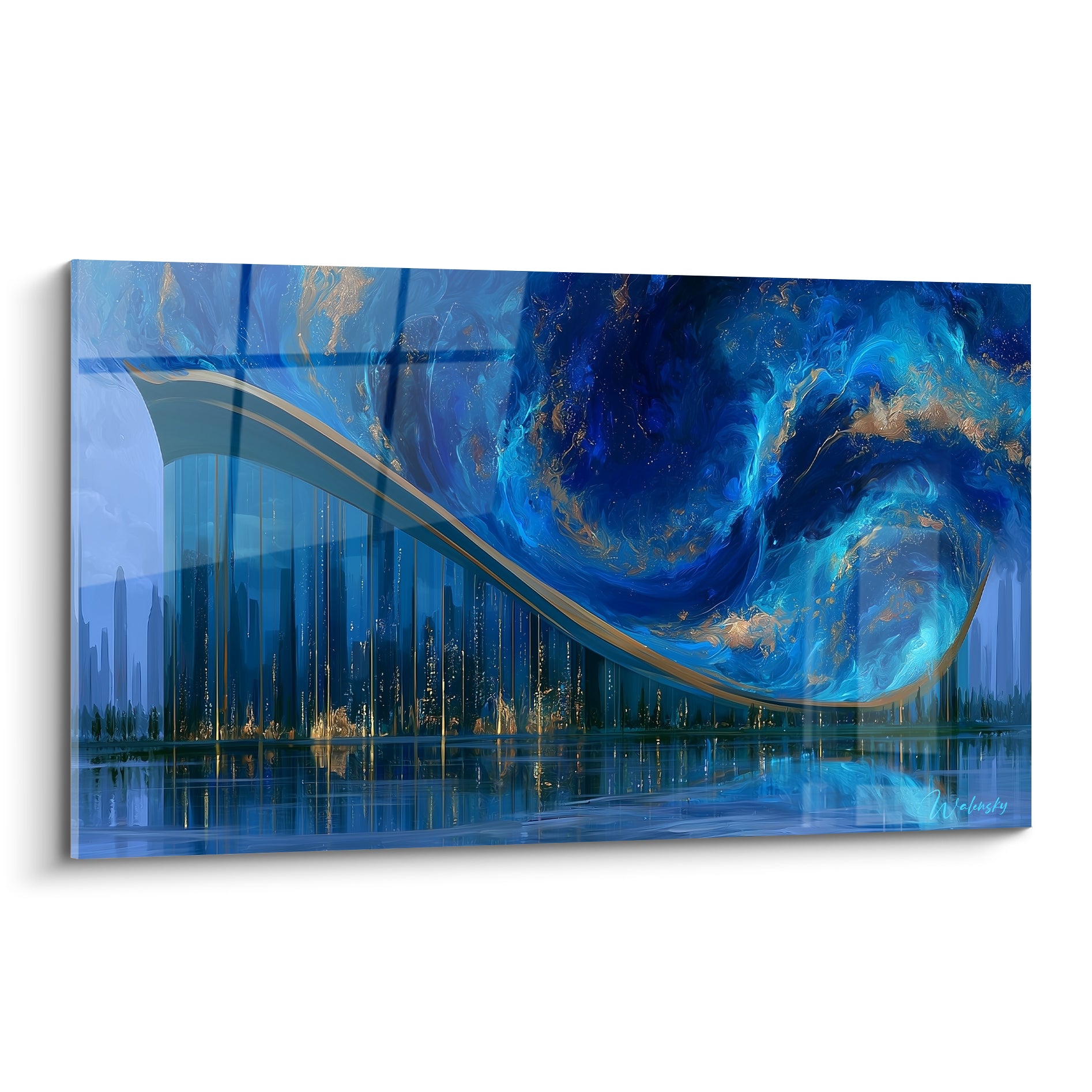 Skyline bleu marine et dorée sous un ciel tourbillonnant en tableau architecture abstrait sur toile
